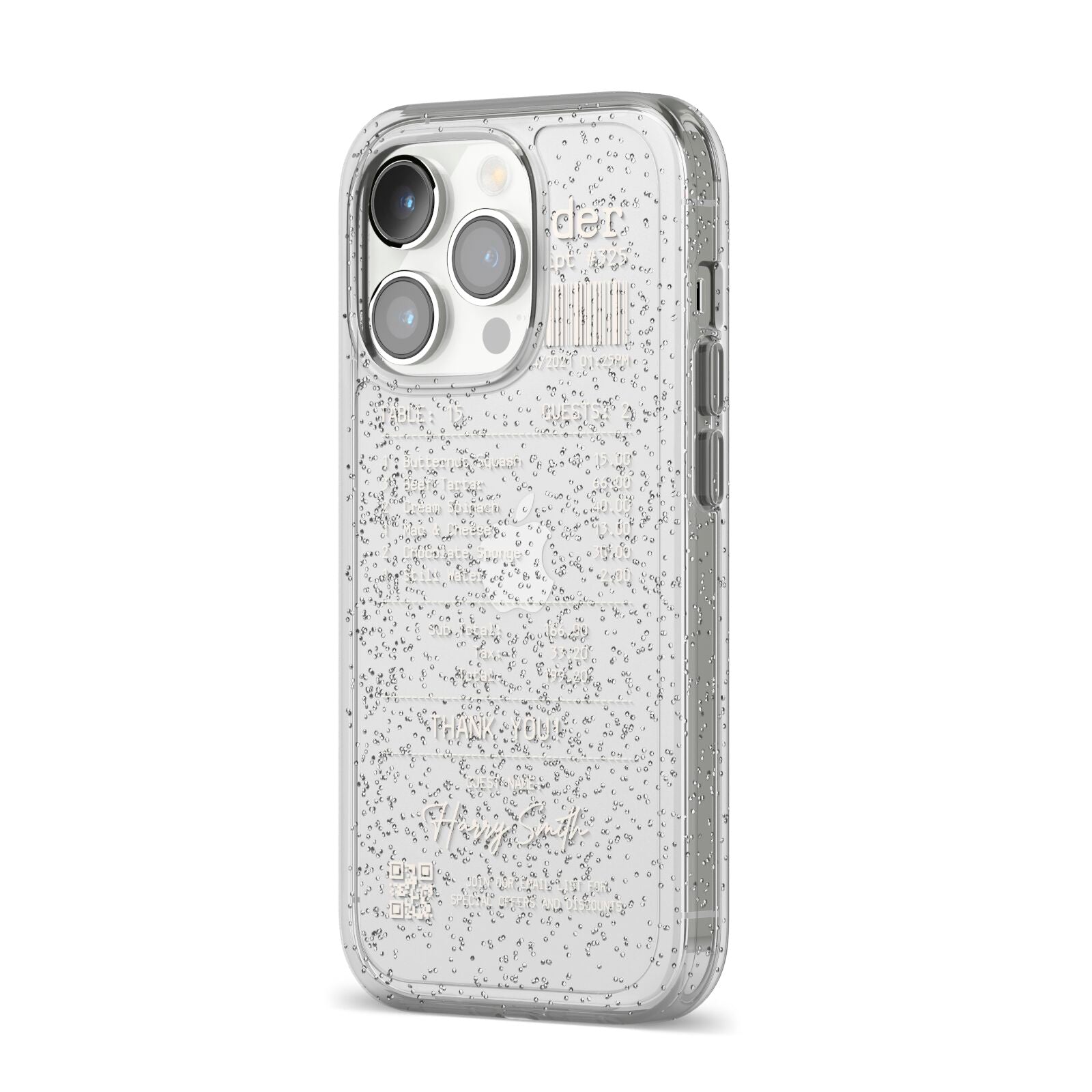 Personalised Receipt iPhone 14 Pro Glitter Tough Case Silver Angled Image