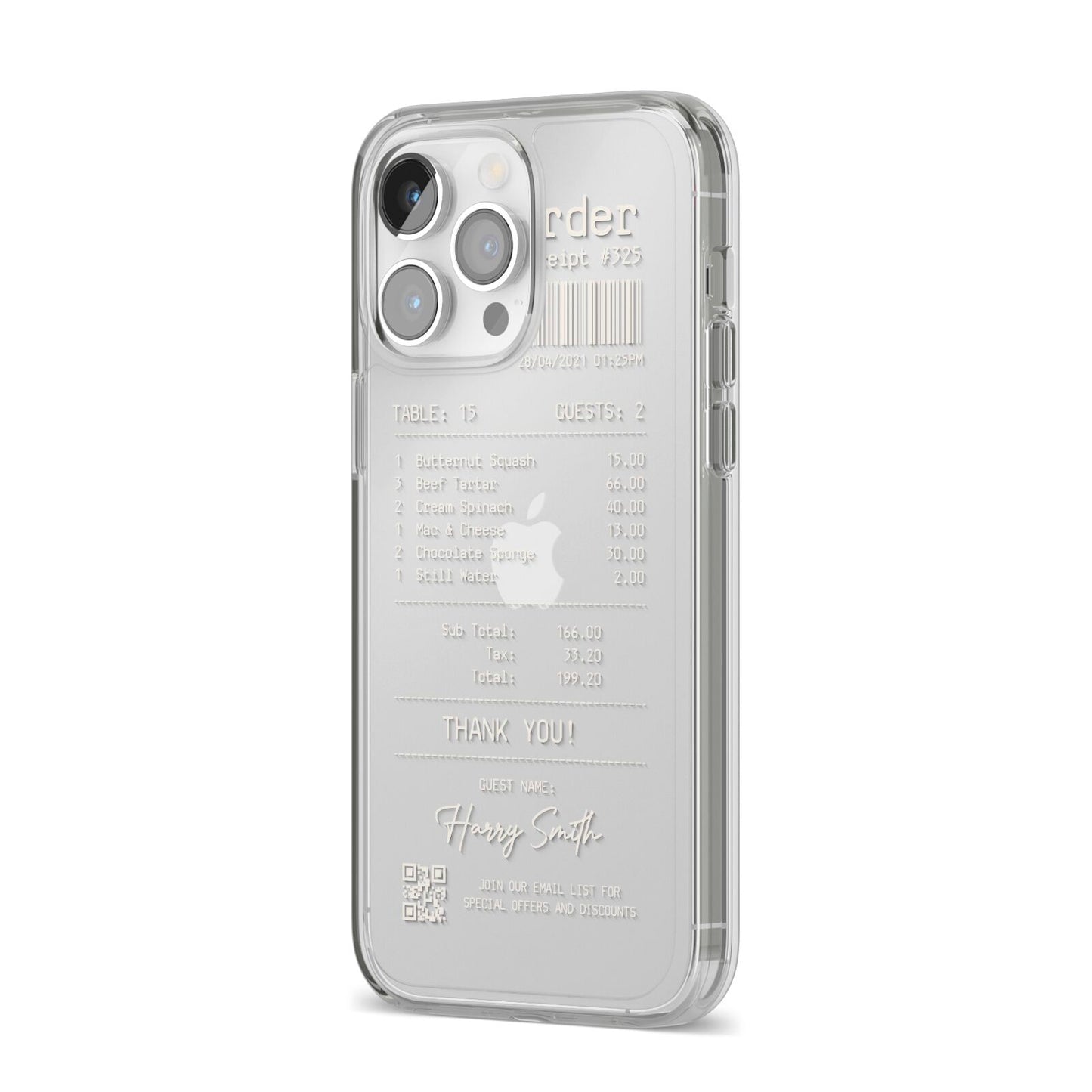 Personalised Receipt iPhone 14 Pro Max Clear Tough Case Silver Angled Image