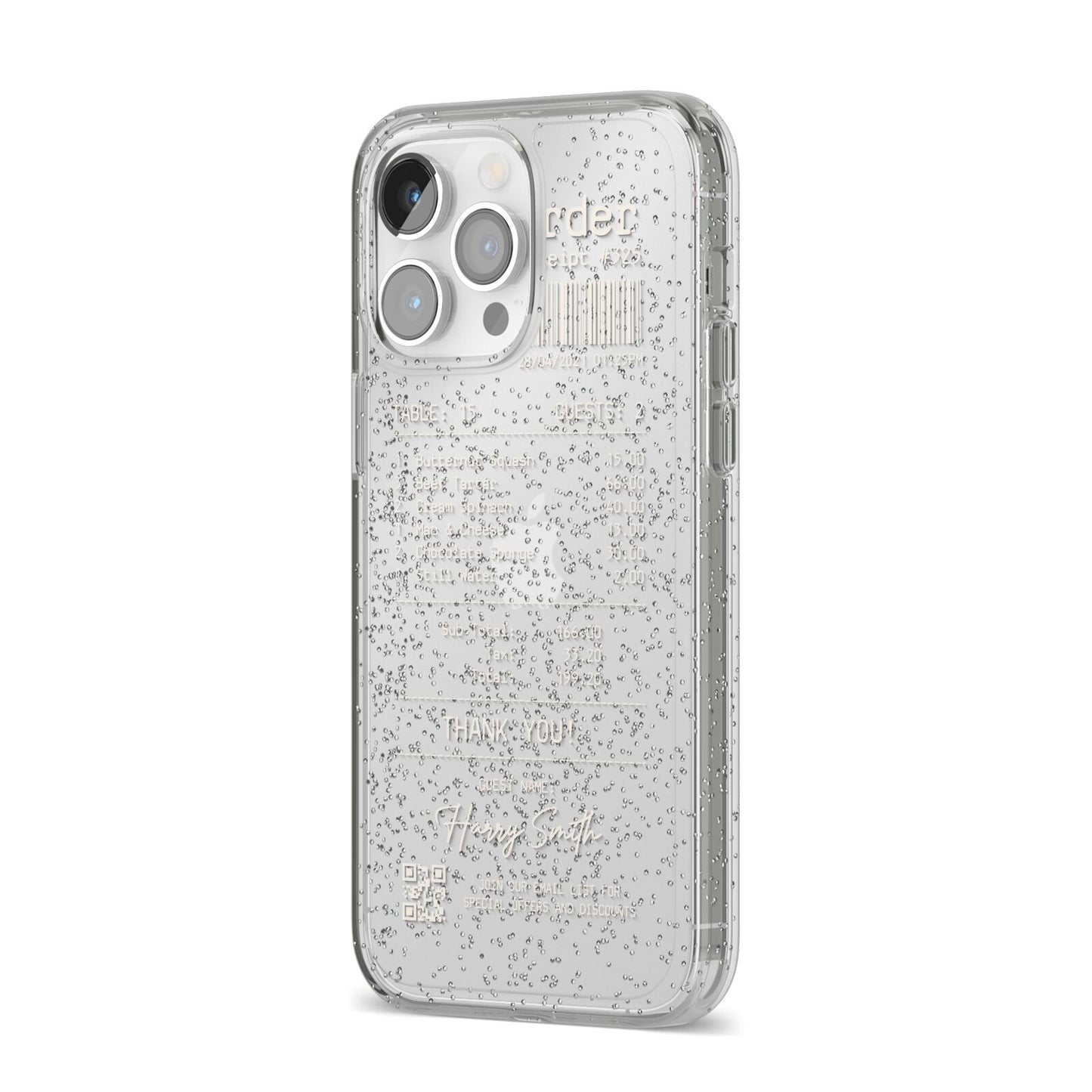 Personalised Receipt iPhone 14 Pro Max Glitter Tough Case Silver Angled Image