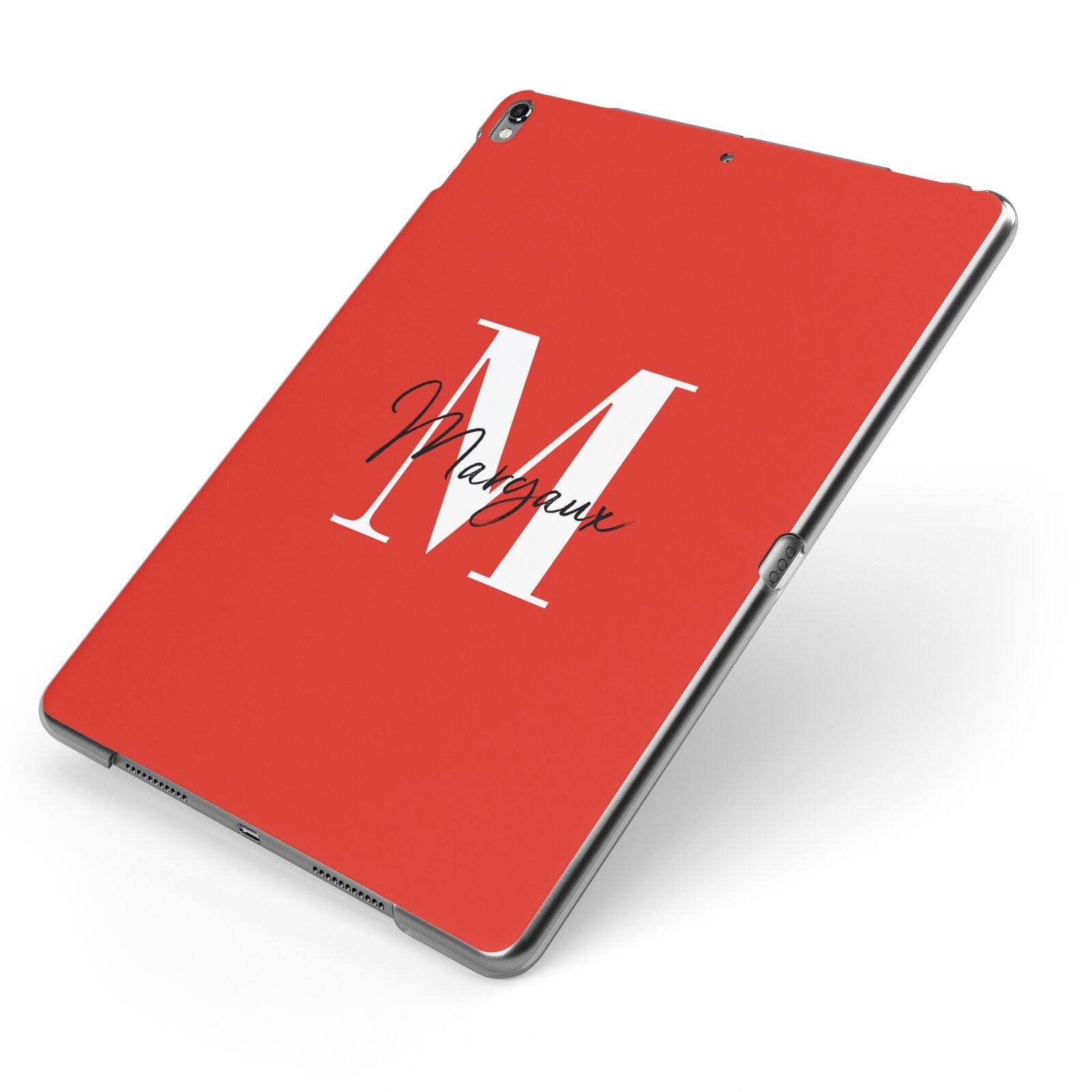 Personalised Red Name and Initial Apple iPad Case on Grey iPad Side View