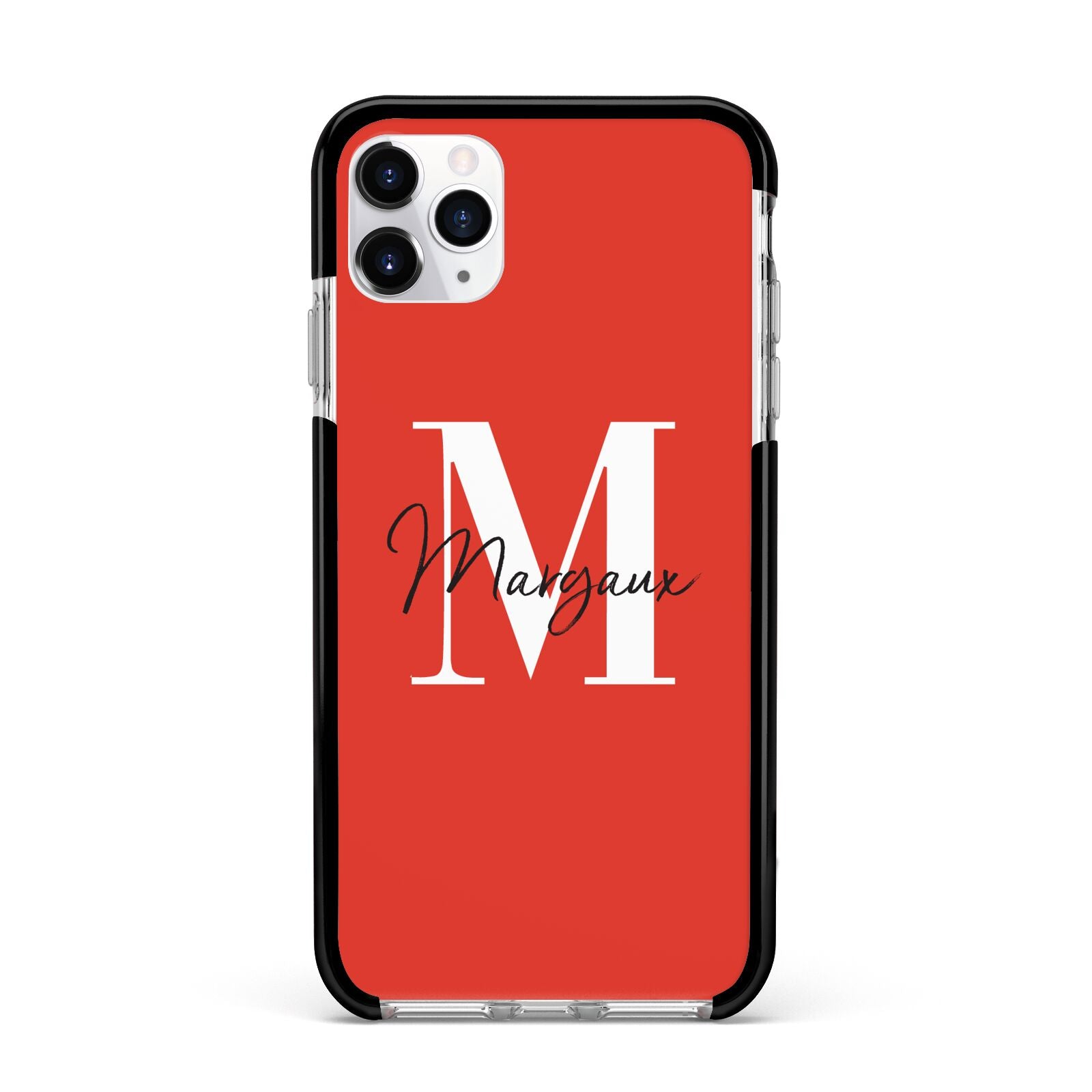 Personalised Red Name and Initial Apple iPhone 11 Pro Max in Silver with Black Impact Case