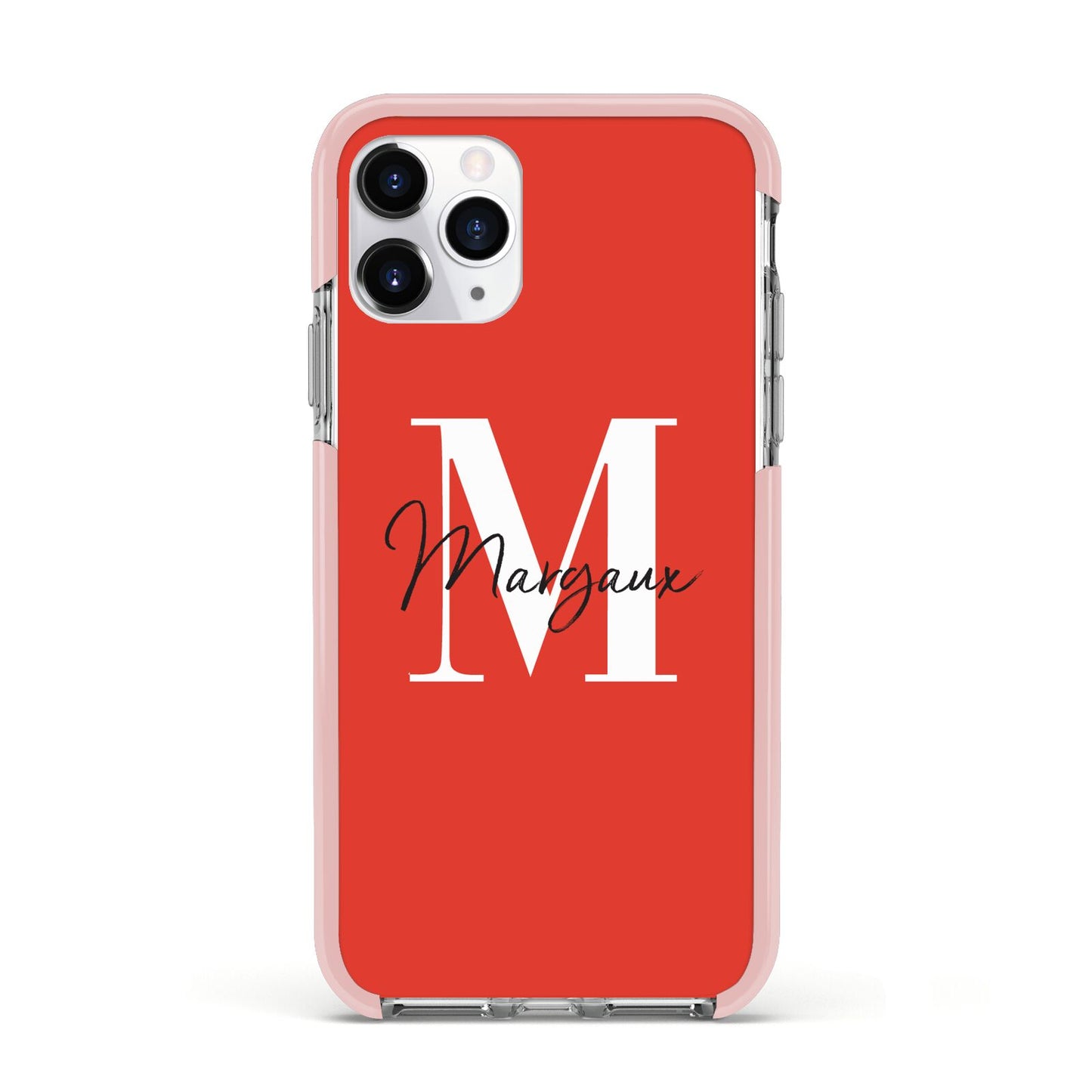 Personalised Red Name and Initial Apple iPhone 11 Pro in Silver with Pink Impact Case