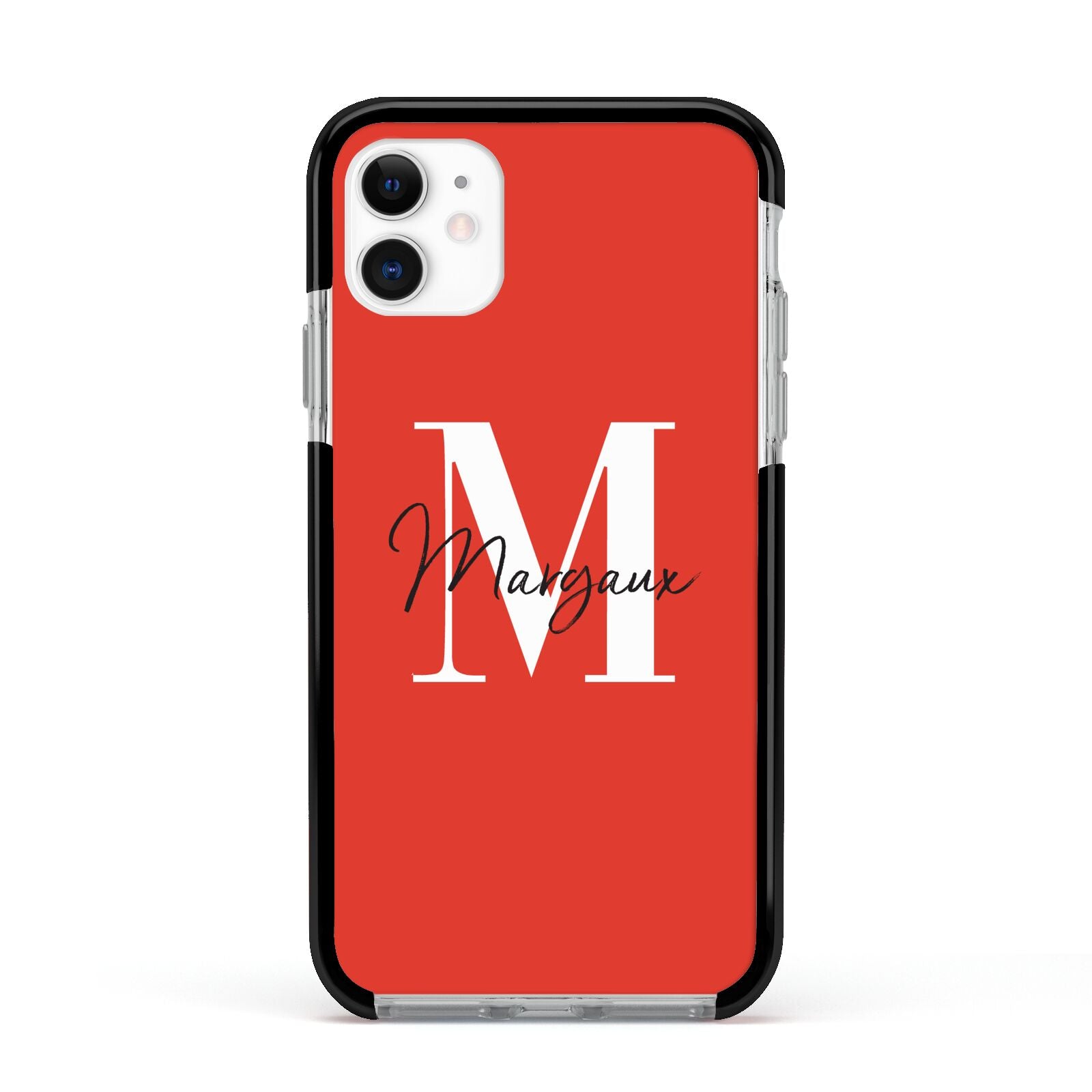 Personalised Red Name and Initial Apple iPhone 11 in White with Black Impact Case