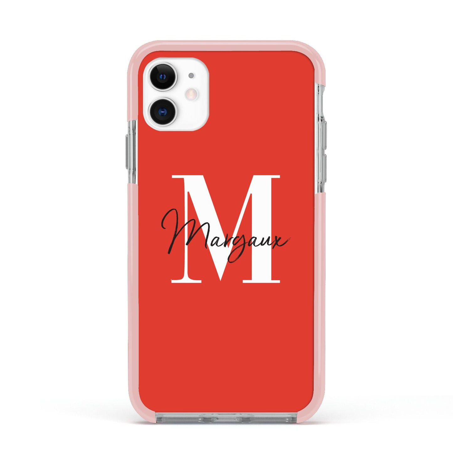 Personalised Red Name and Initial Apple iPhone 11 in White with Pink Impact Case