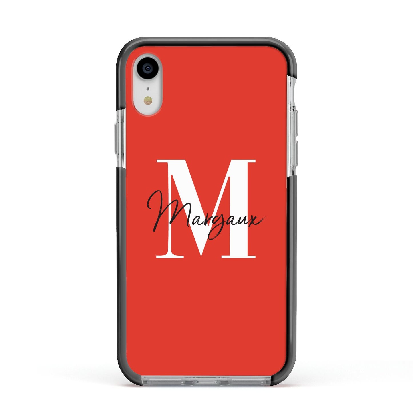 Personalised Red Name and Initial Apple iPhone XR Impact Case Black Edge on Silver Phone