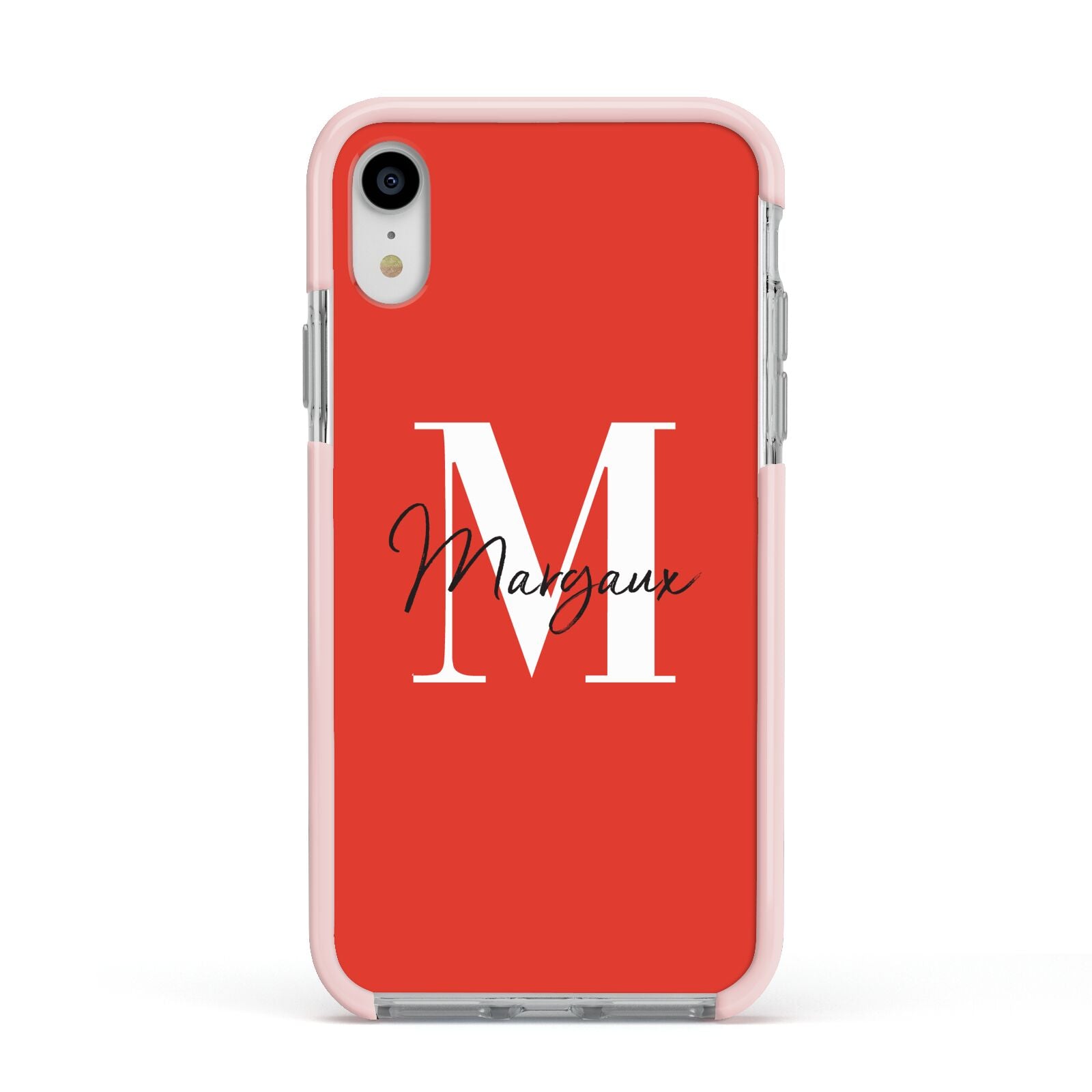 Personalised Red Name and Initial Apple iPhone XR Impact Case Pink Edge on Silver Phone