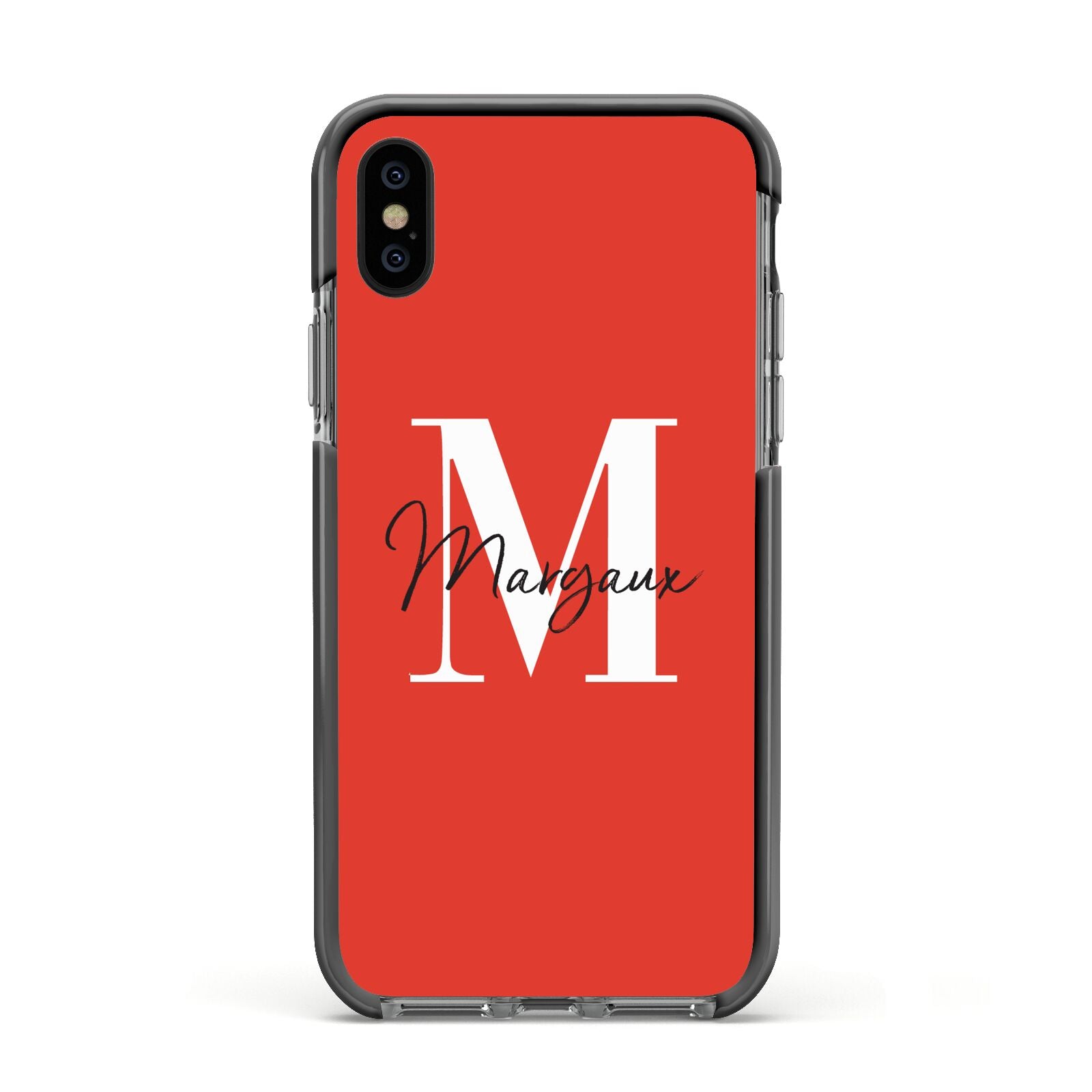 Personalised Red Name and Initial Apple iPhone Xs Impact Case Black Edge on Black Phone