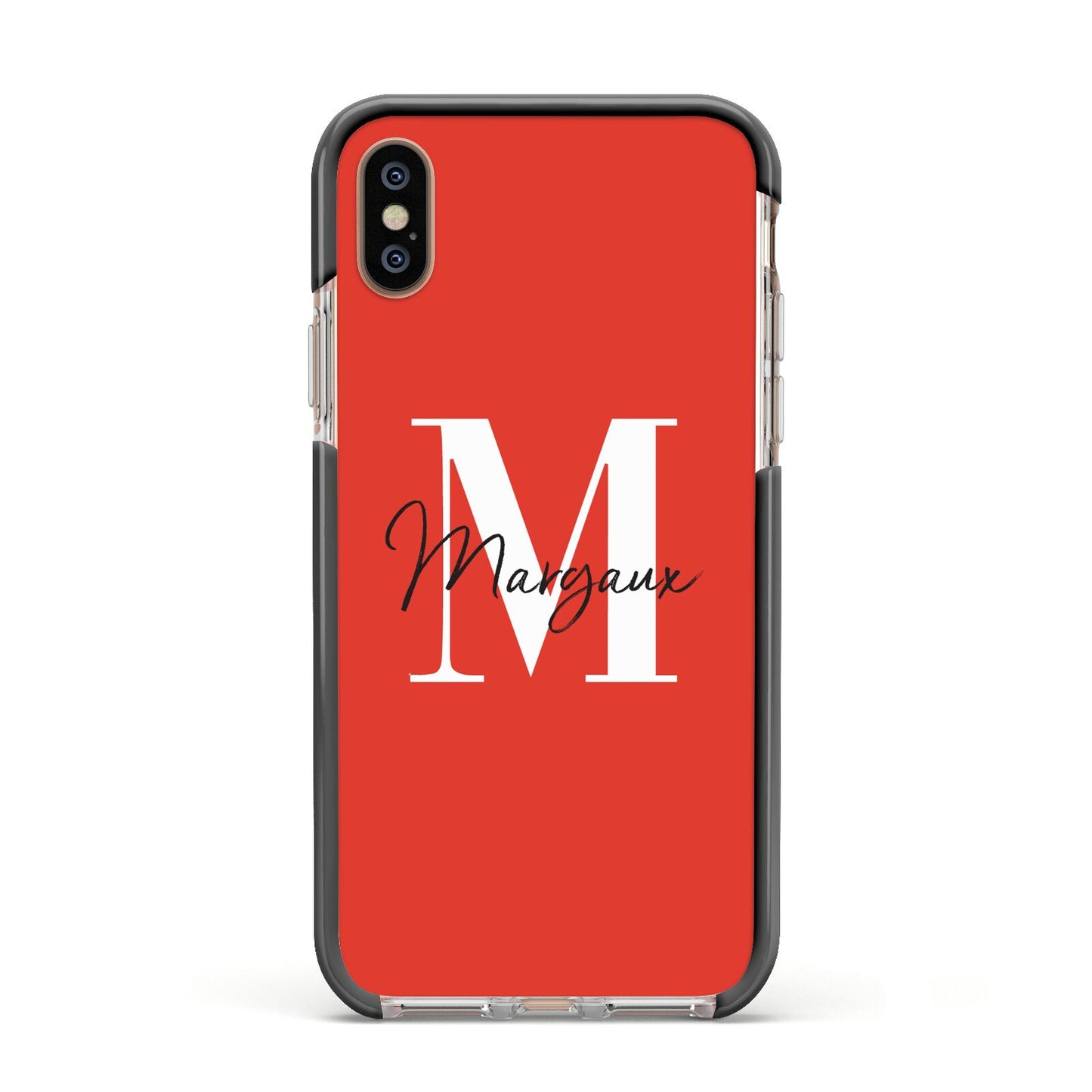 Personalised Red Name and Initial Apple iPhone Xs Impact Case Black Edge on Gold Phone