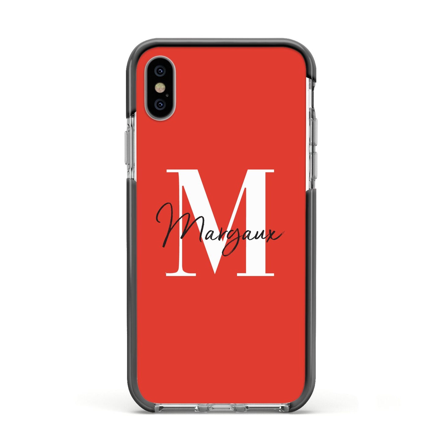 Personalised Red Name and Initial Apple iPhone Xs Impact Case Black Edge on Silver Phone