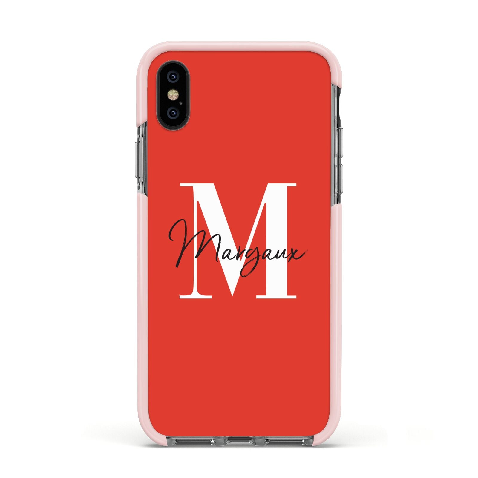 Personalised Red Name and Initial Apple iPhone Xs Impact Case Pink Edge on Black Phone