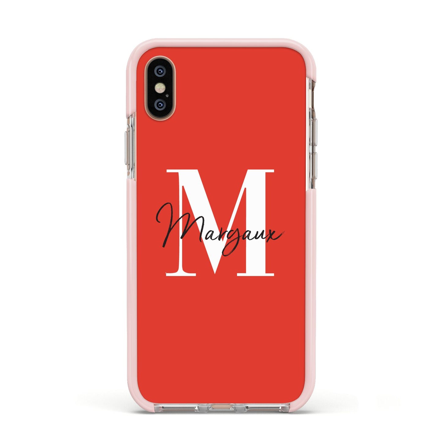 Personalised Red Name and Initial Apple iPhone Xs Impact Case Pink Edge on Gold Phone