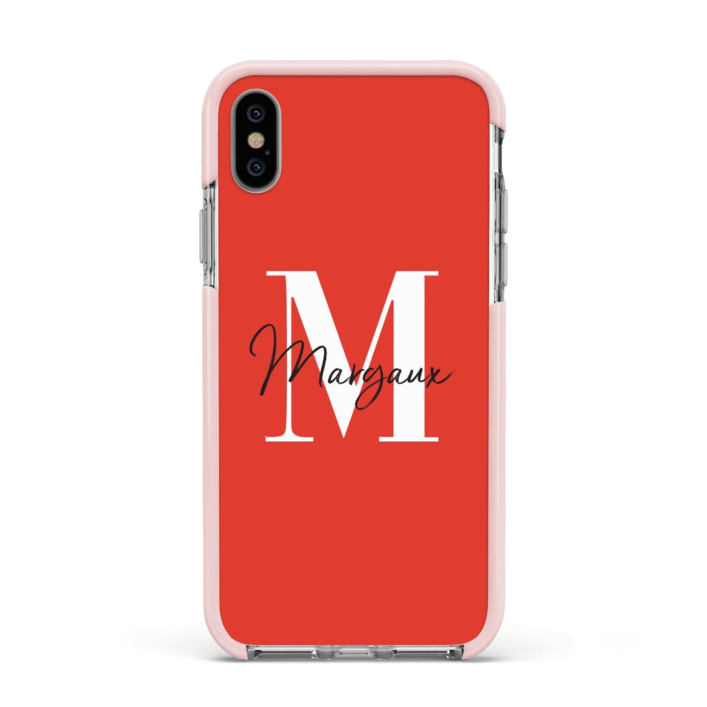 Personalised Red Name and Initial Apple iPhone Xs Impact Case Pink Edge on Silver Phone