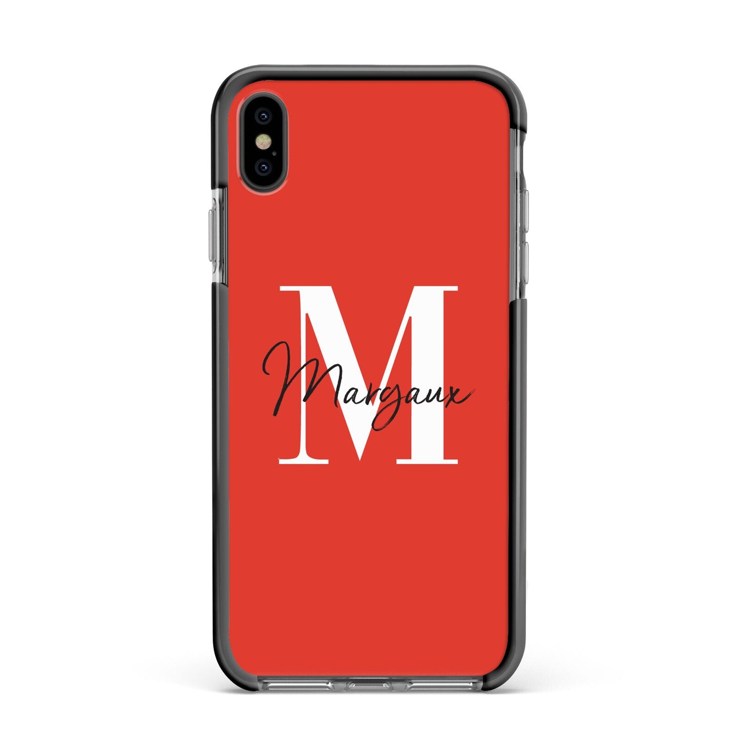 Personalised Red Name and Initial Apple iPhone Xs Max Impact Case Black Edge on Black Phone