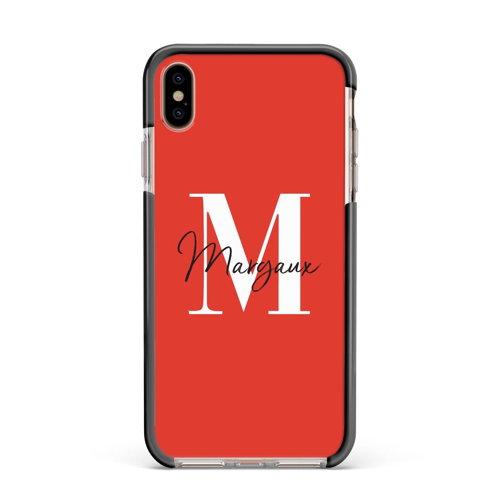 Personalised Red Name and Initial Apple iPhone Xs Max Impact Case Black Edge on Gold Phone