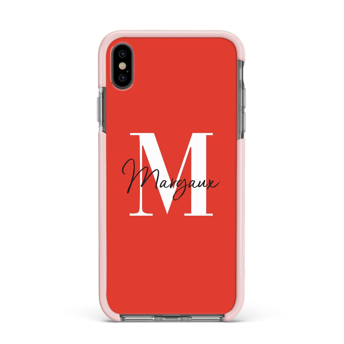 Personalised Red Name and Initial Apple iPhone Xs Max Impact Case Pink Edge on Black Phone