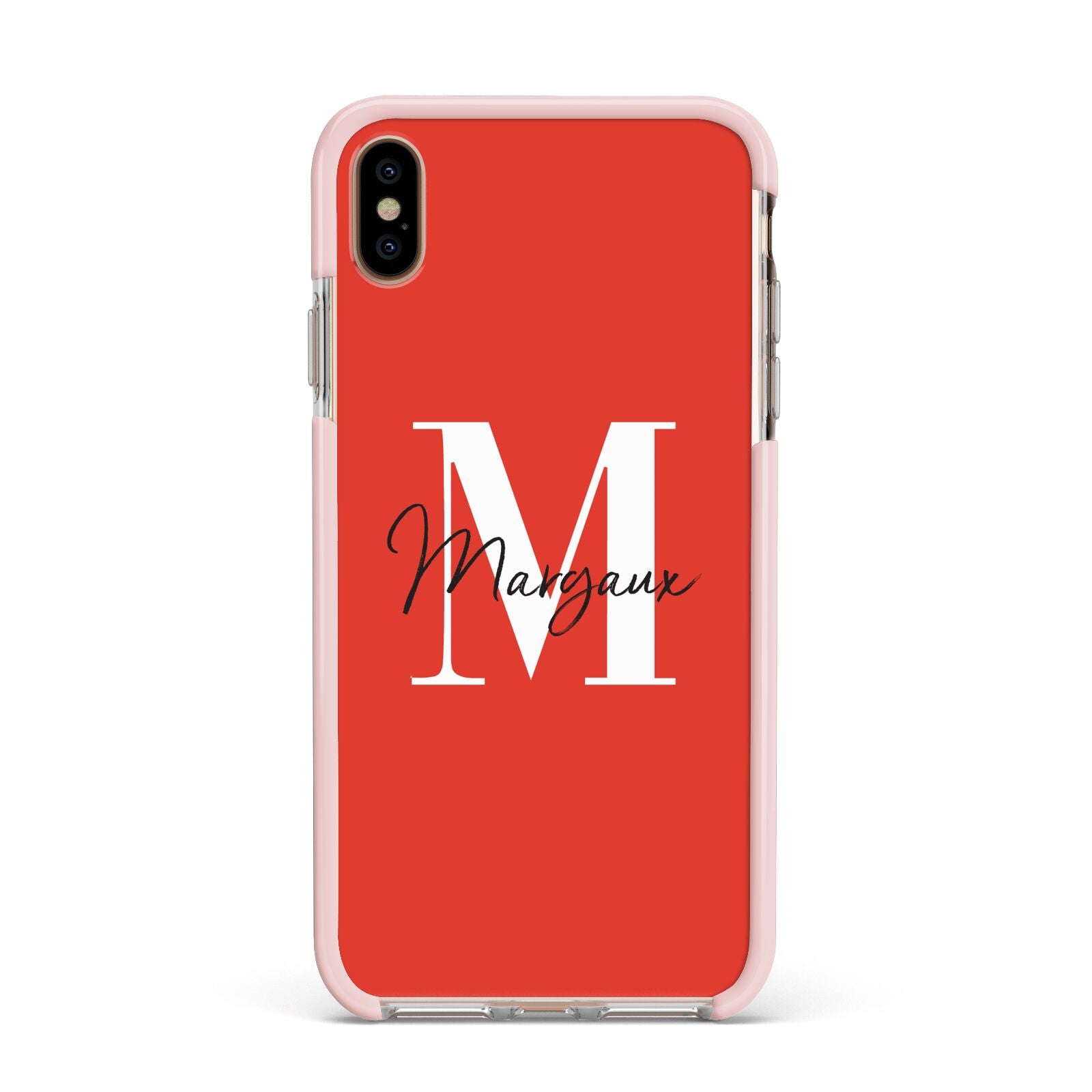 Personalised Red Name and Initial Apple iPhone Xs Max Impact Case Pink Edge on Gold Phone