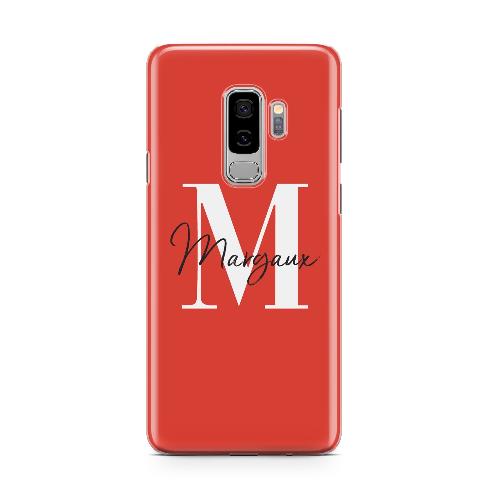 Personalised Red Name and Initial Samsung Galaxy S9 Plus Case on Silver phone