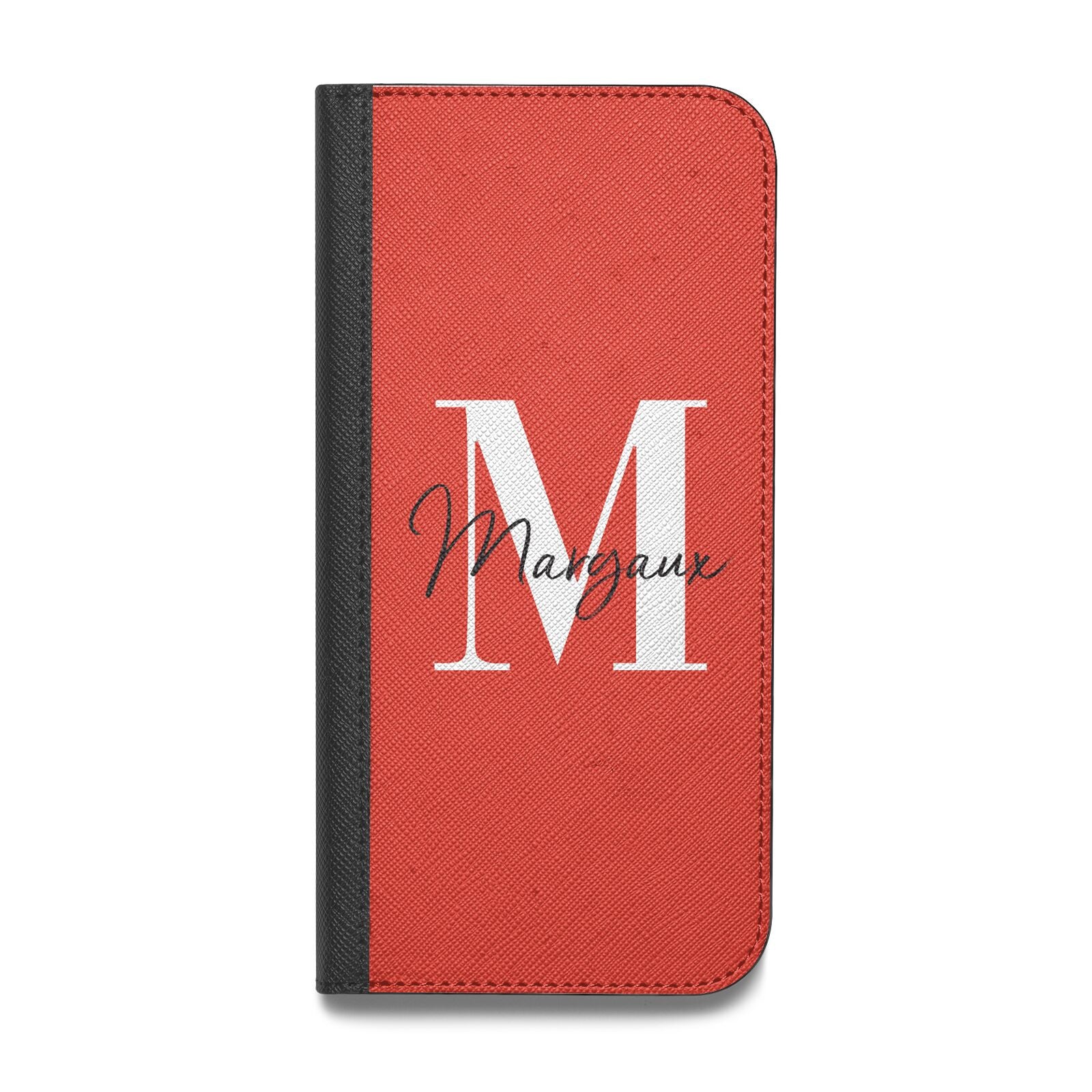 Personalised Red Name and Initial Vegan Leather Flip iPhone Case