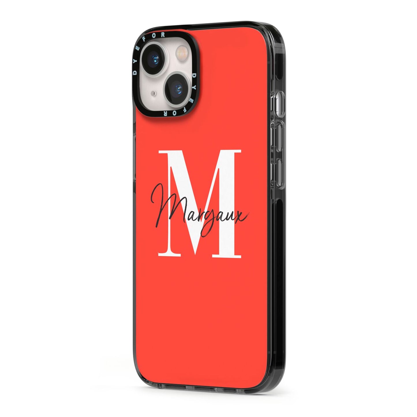 Personalised Red Name and Initial iPhone 13 Black Impact Case Side Angle on Silver phone