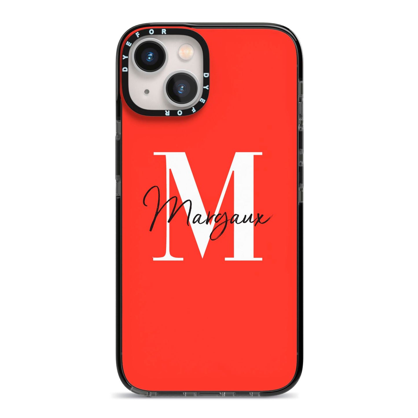 Personalised Red Name and Initial iPhone 13 Black Impact Case on Silver phone