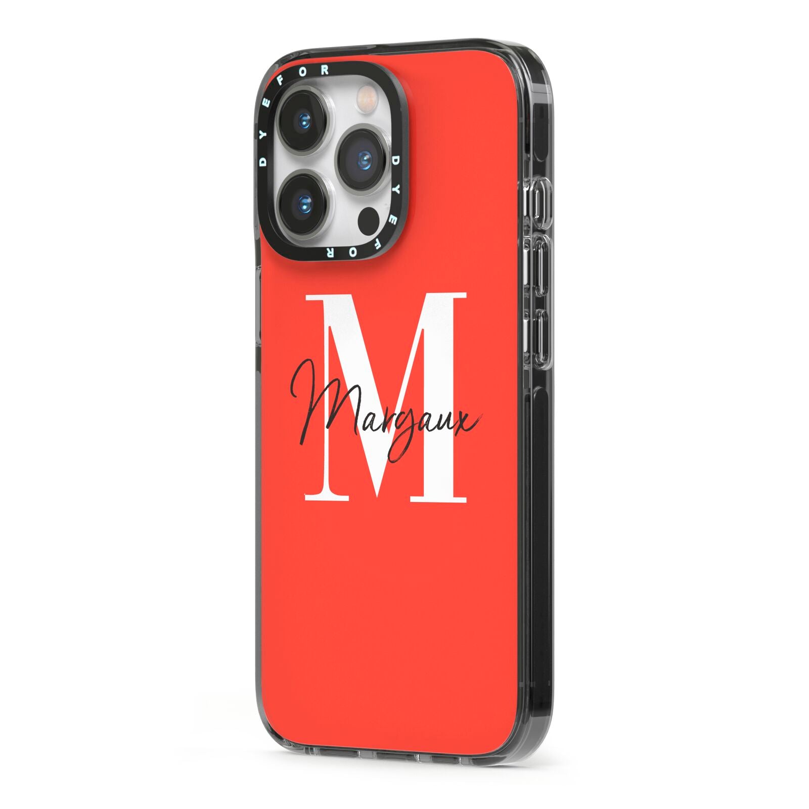 Personalised Red Name and Initial iPhone 13 Pro Black Impact Case Side Angle on Silver phone