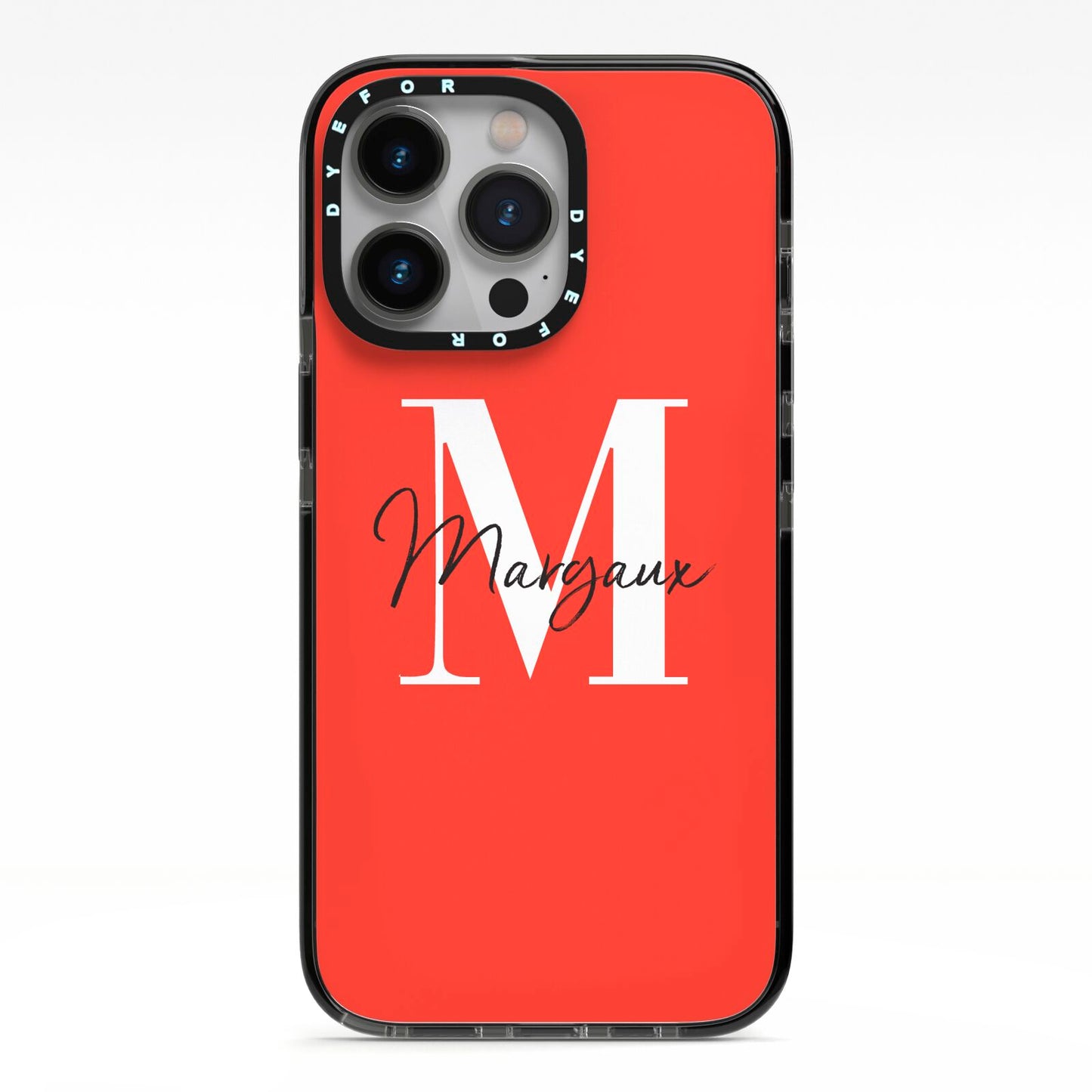 Personalised Red Name and Initial iPhone 13 Pro Black Impact Case on Silver phone