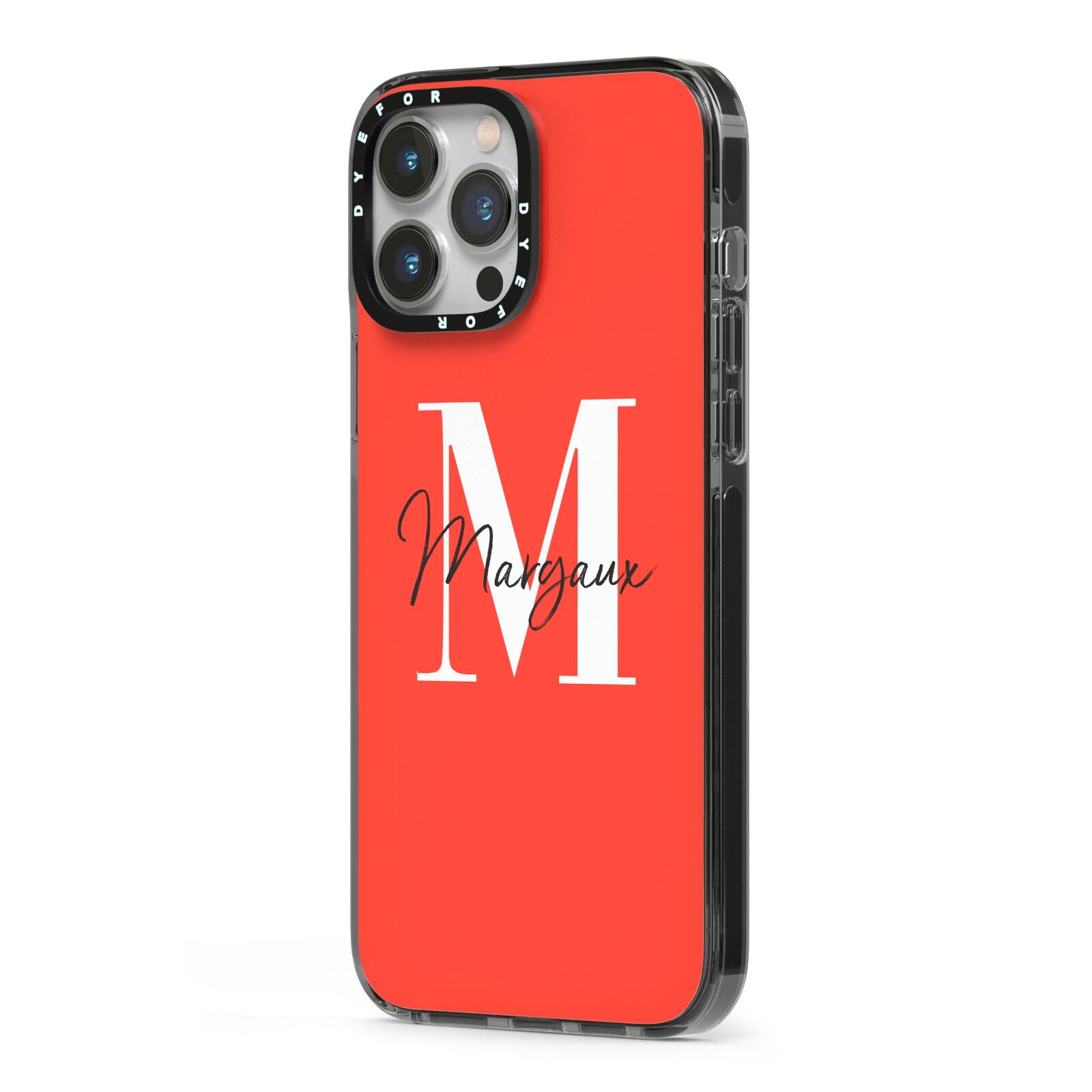 Personalised Red Name and Initial iPhone 13 Pro Max Black Impact Case Side Angle on Silver phone