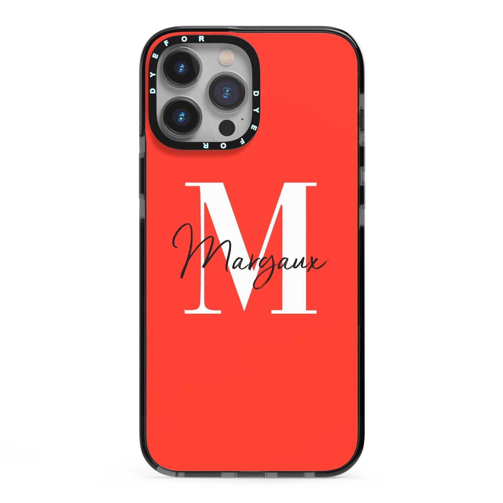 Personalised Red Name and Initial iPhone 13 Pro Max Black Impact Case on Silver phone