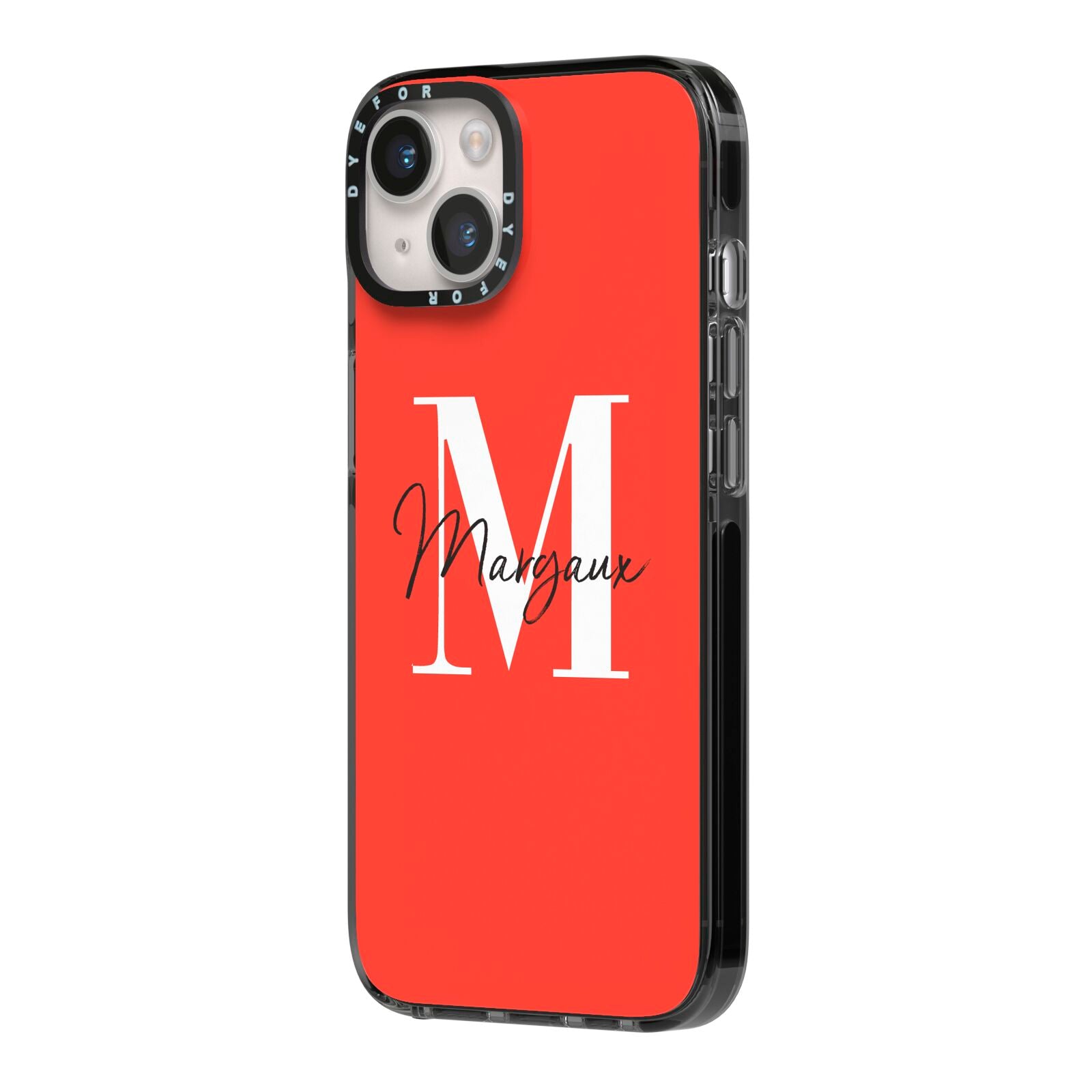 Personalised Red Name and Initial iPhone 14 Black Impact Case Side Angle on Silver phone