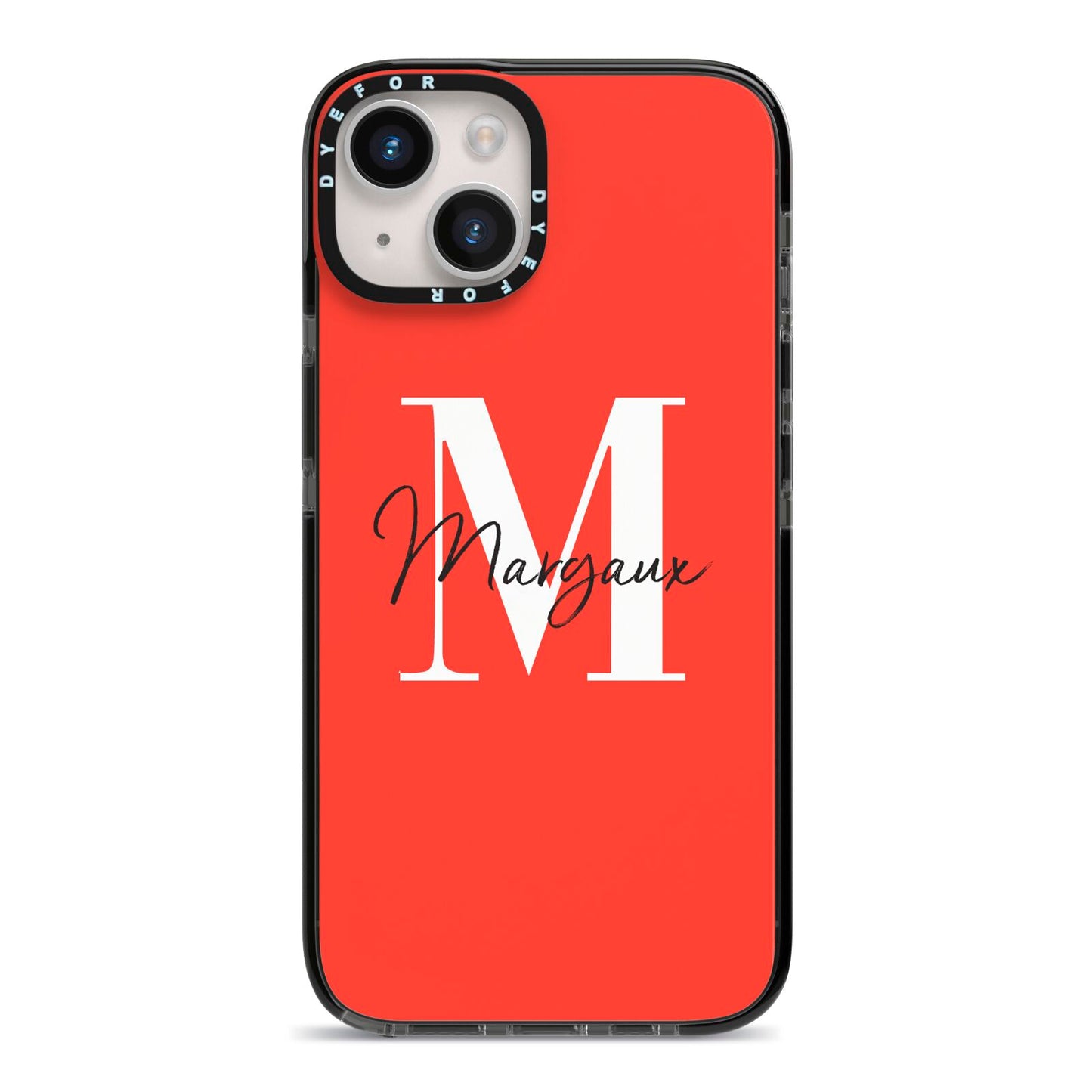 Personalised Red Name and Initial iPhone 14 Black Impact Case on Silver phone