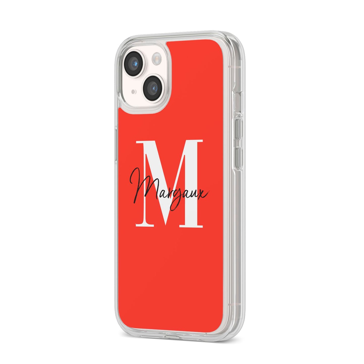 Personalised Red Name and Initial iPhone 14 Clear Tough Case Starlight Angled Image