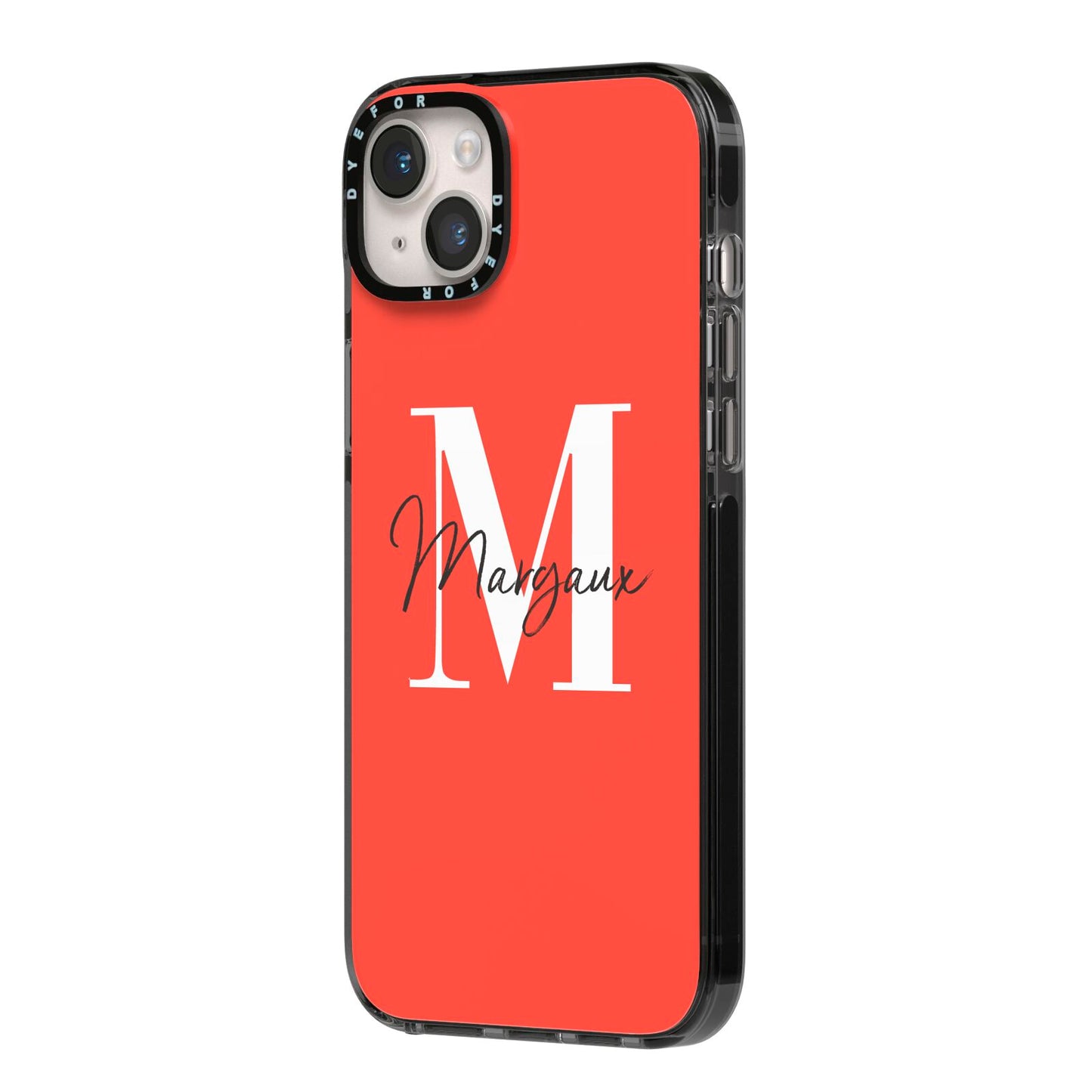 Personalised Red Name and Initial iPhone 14 Plus Black Impact Case Side Angle on Silver phone