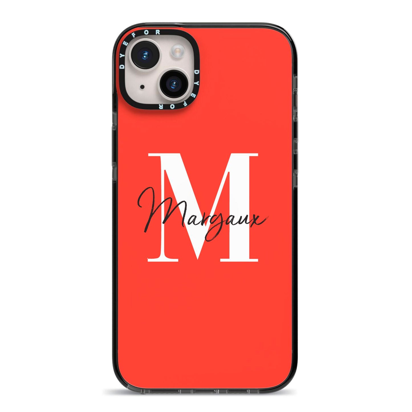 Personalised Red Name and Initial iPhone 14 Plus Black Impact Case on Silver phone