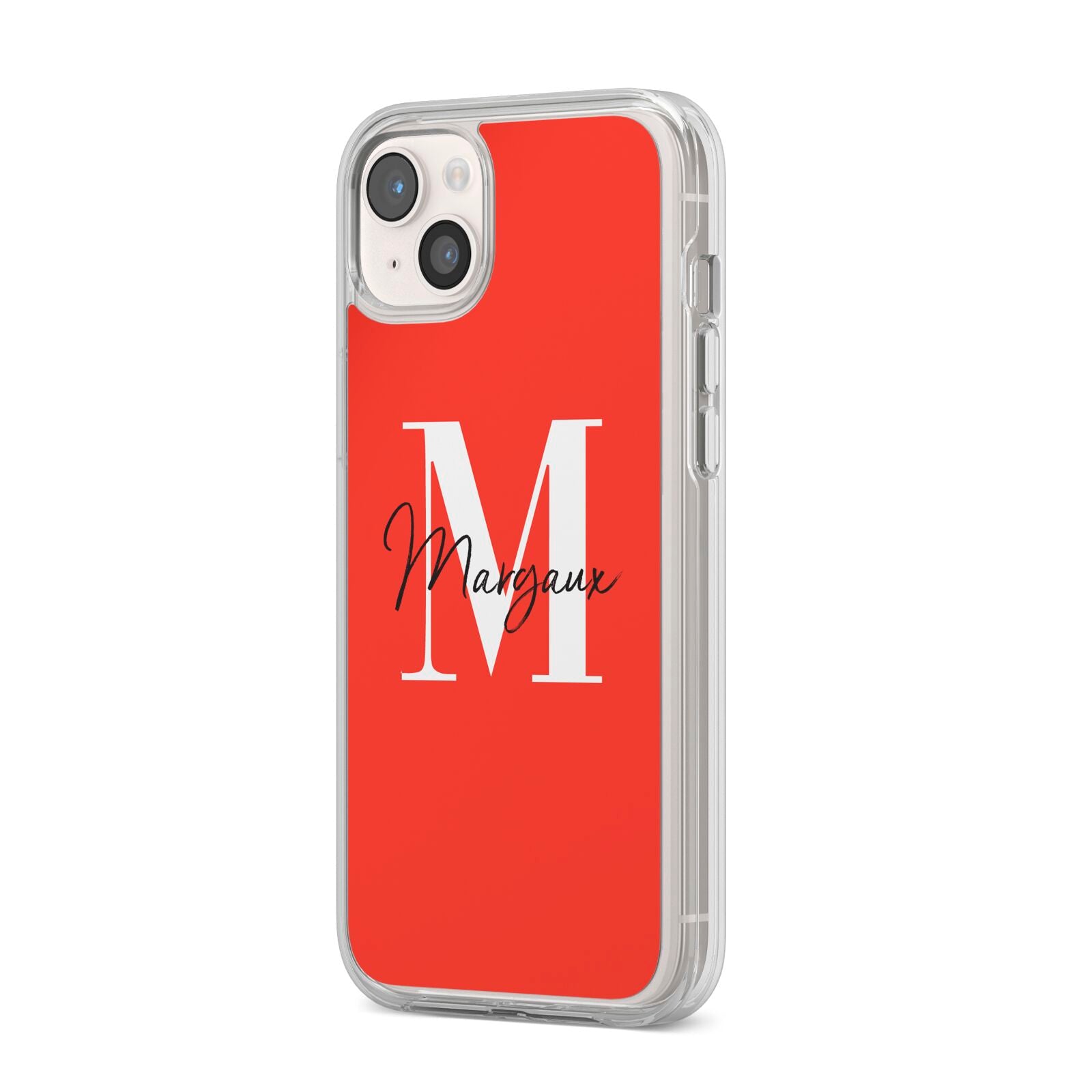 Personalised Red Name and Initial iPhone 14 Plus Clear Tough Case Starlight Angled Image