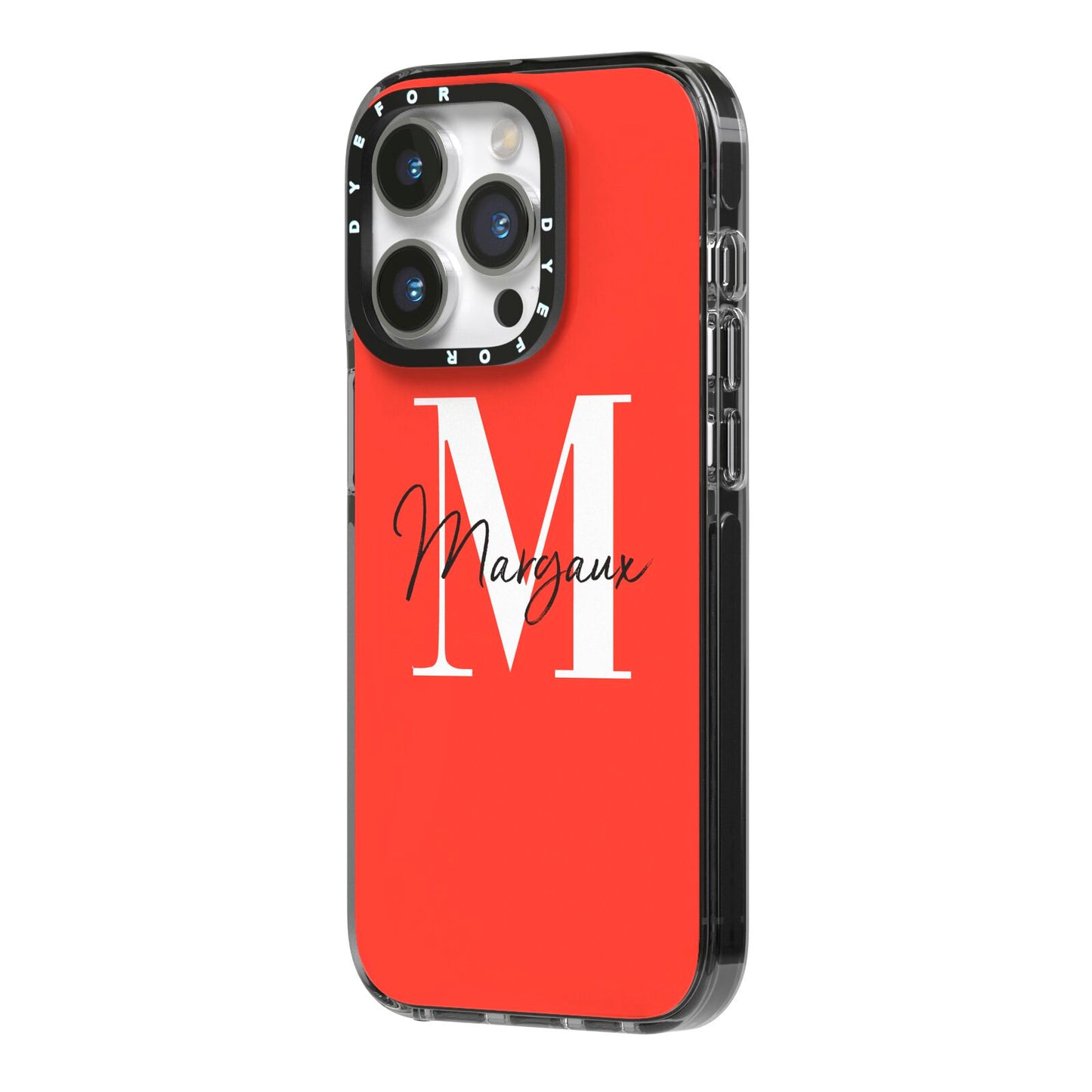 Personalised Red Name and Initial iPhone 14 Pro Black Impact Case Side Angle on Silver phone