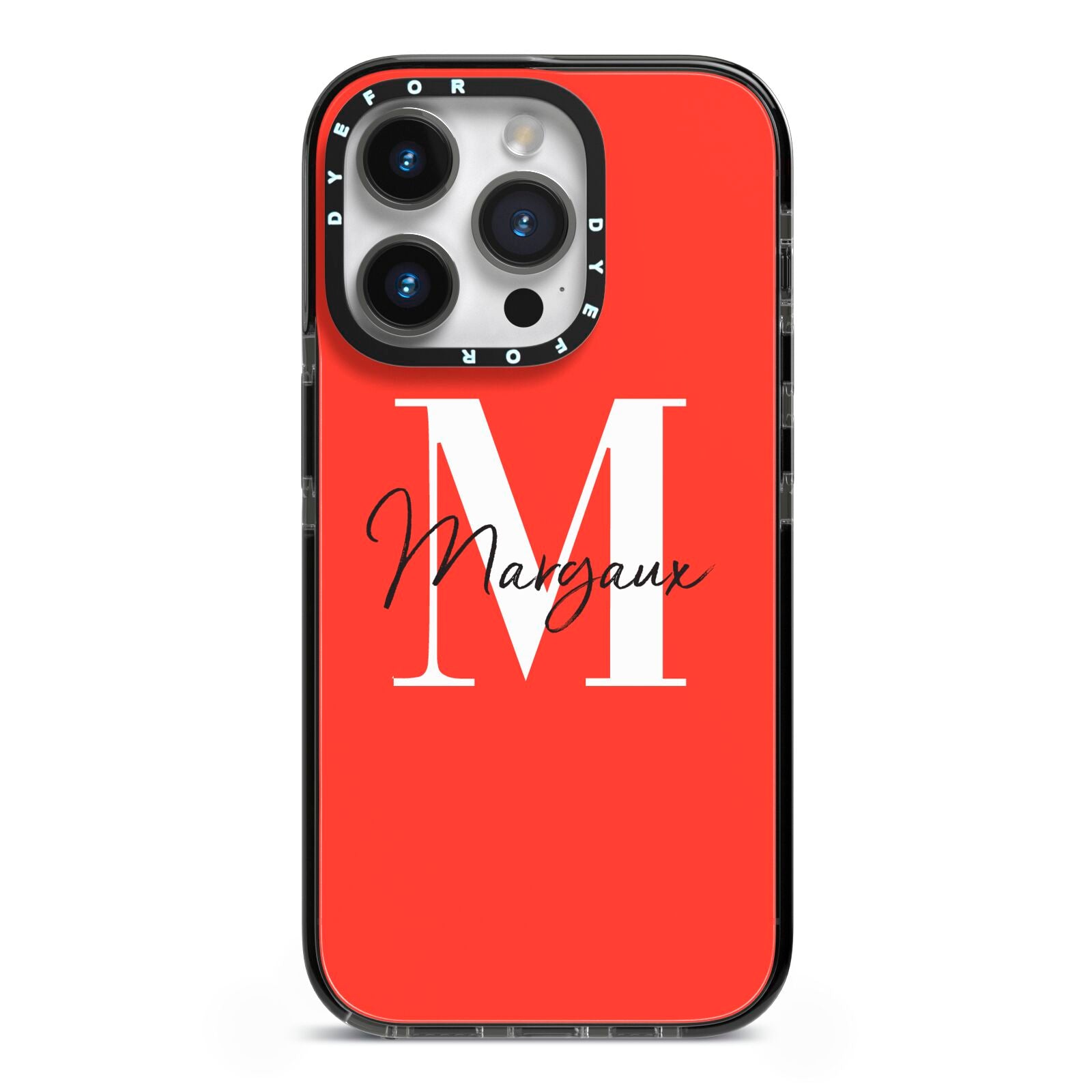 Personalised Red Name and Initial iPhone 14 Pro Black Impact Case on Silver phone