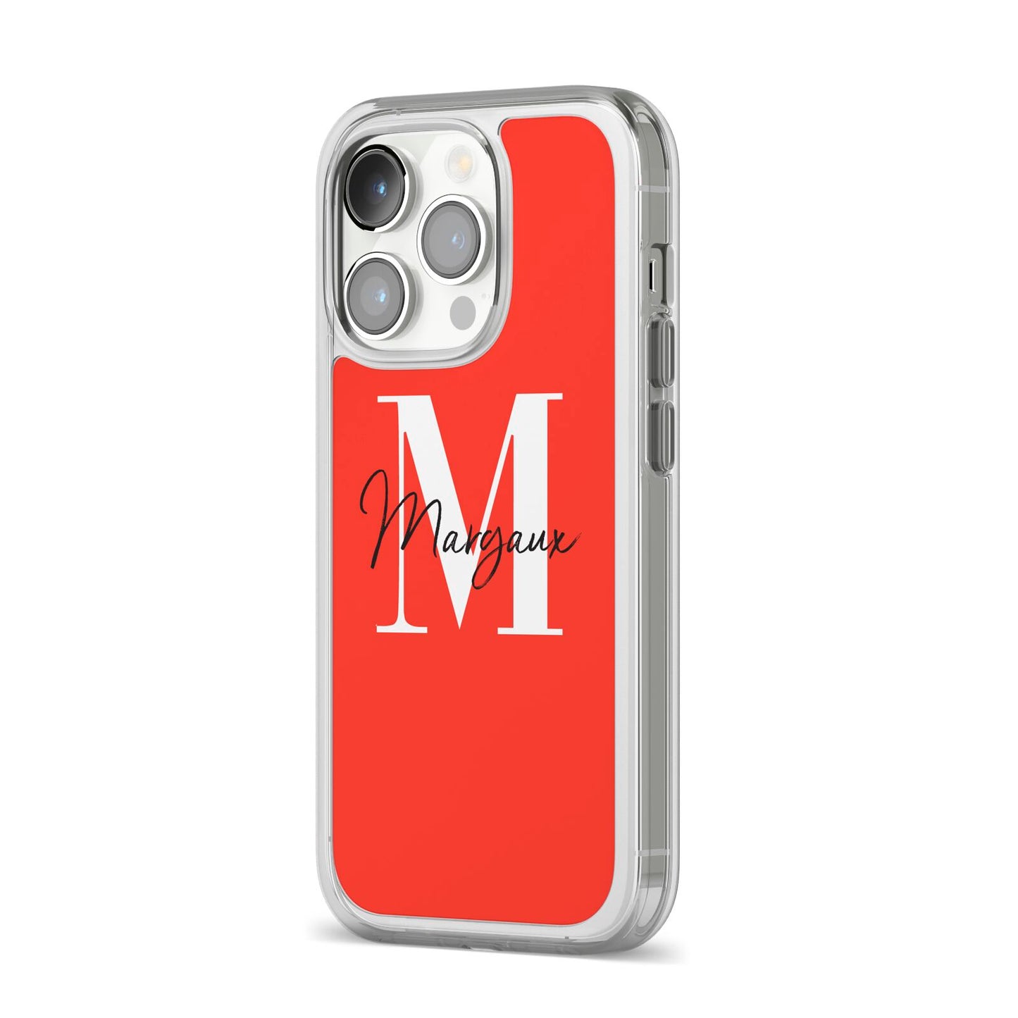 Personalised Red Name and Initial iPhone 14 Pro Clear Tough Case Silver Angled Image