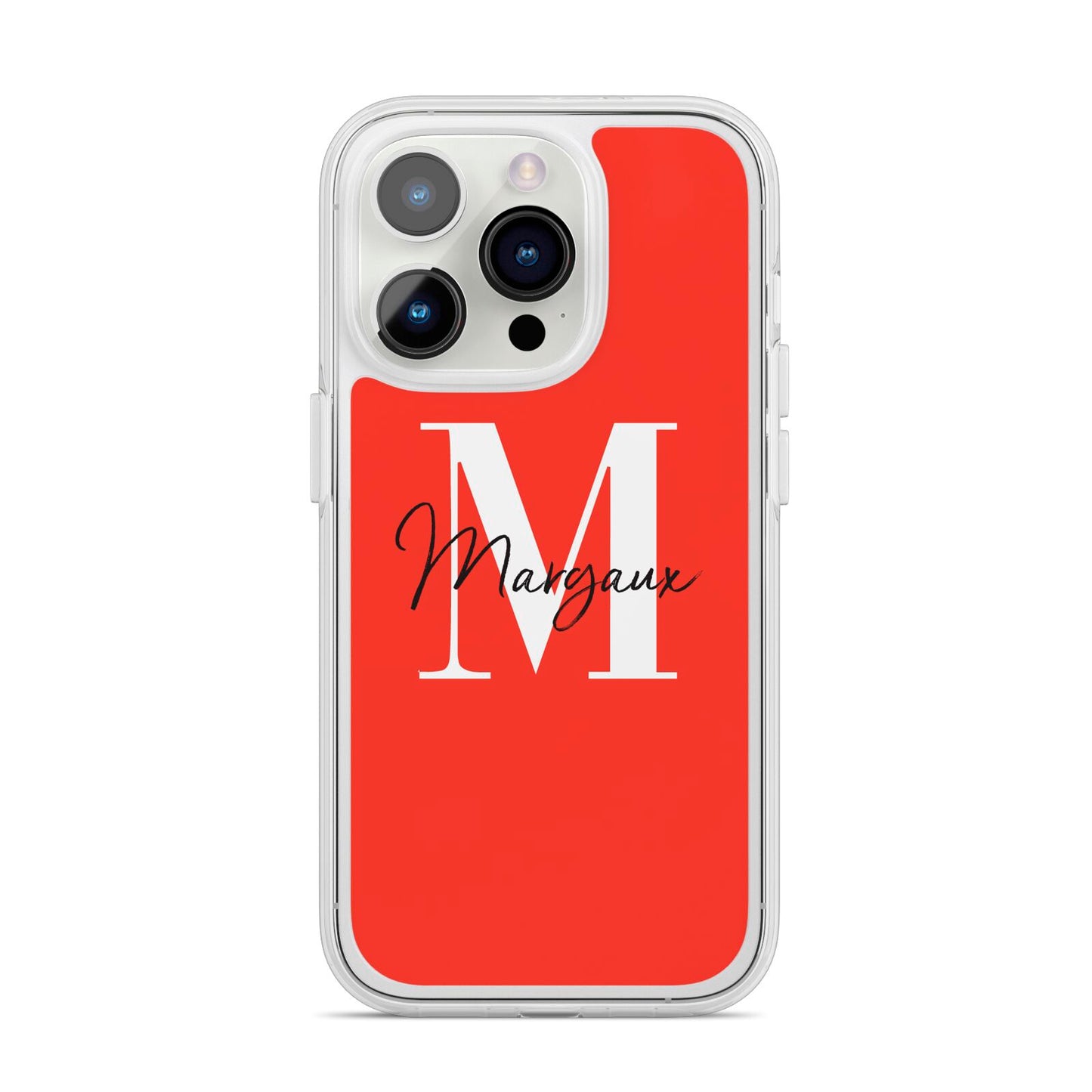 Personalised Red Name and Initial iPhone 14 Pro Clear Tough Case Silver