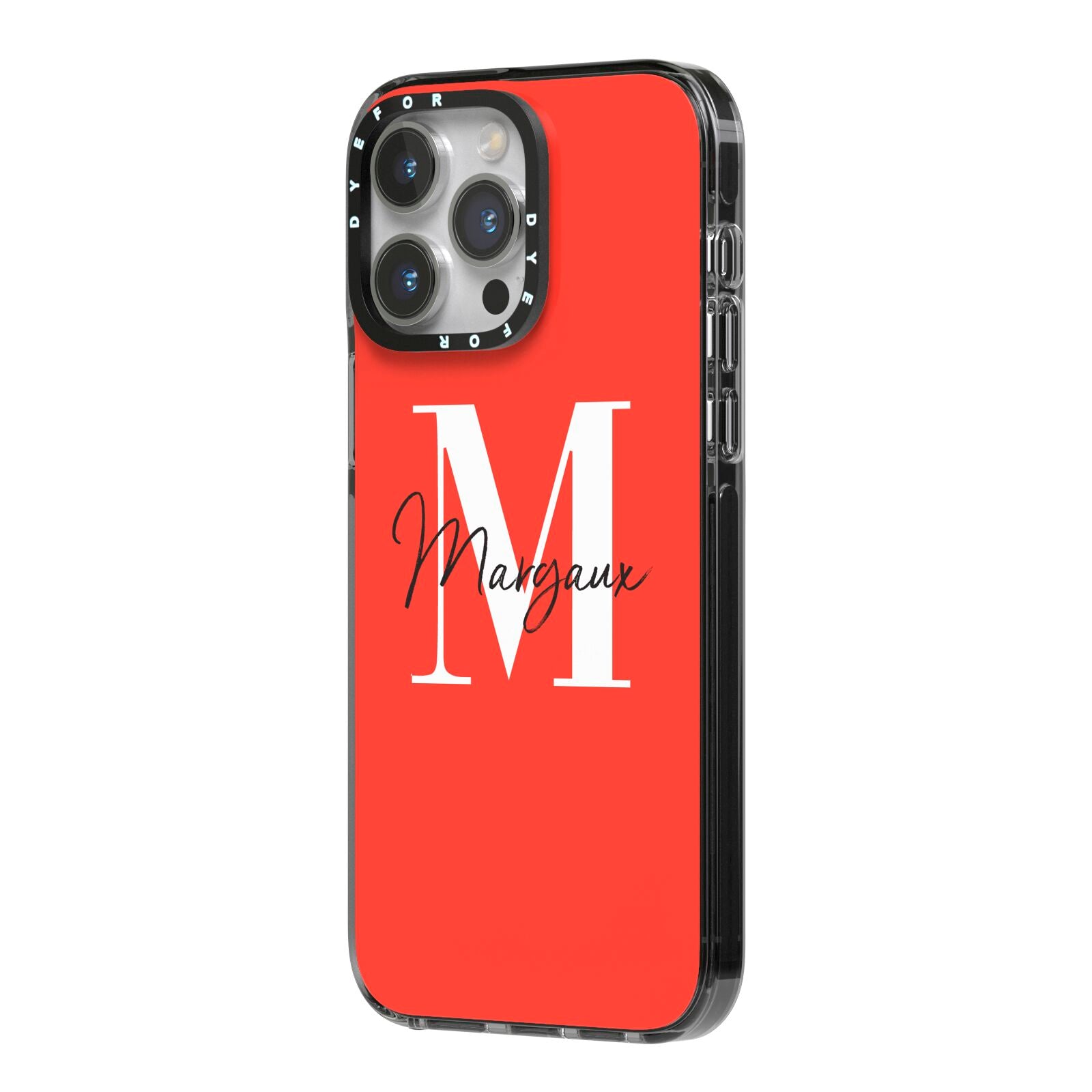 Personalised Red Name and Initial iPhone 14 Pro Max Black Impact Case Side Angle on Silver phone