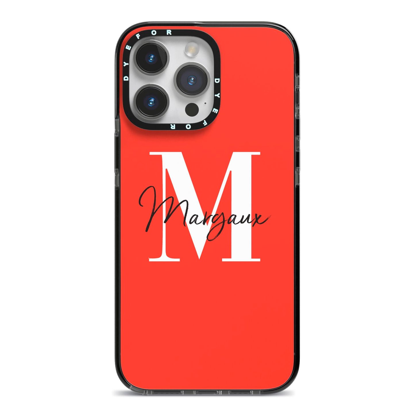 Personalised Red Name and Initial iPhone 14 Pro Max Black Impact Case on Silver phone