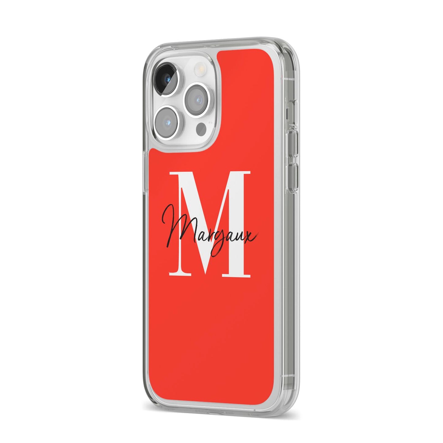 Personalised Red Name and Initial iPhone 14 Pro Max Clear Tough Case Silver Angled Image