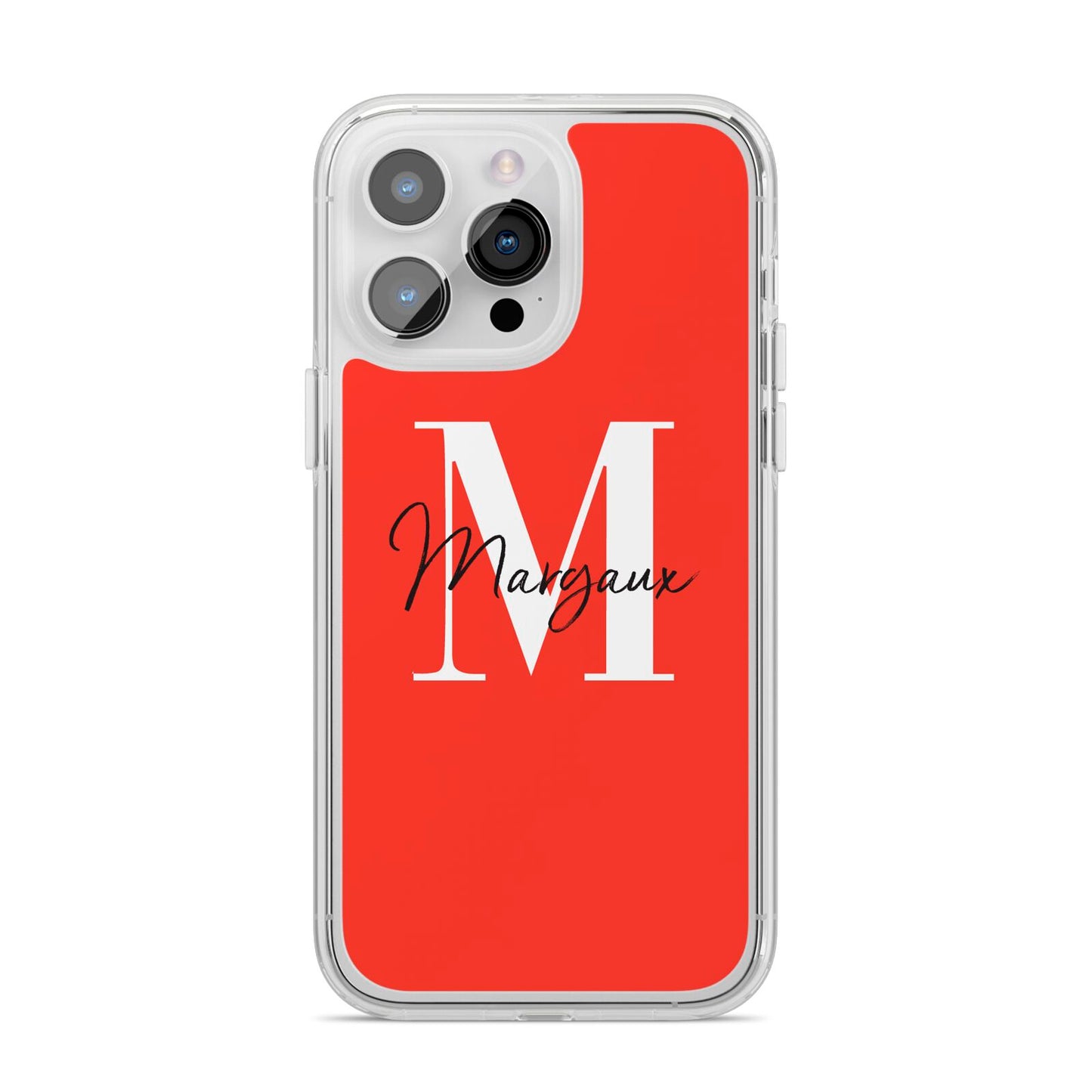 Personalised Red Name and Initial iPhone 14 Pro Max Clear Tough Case Silver