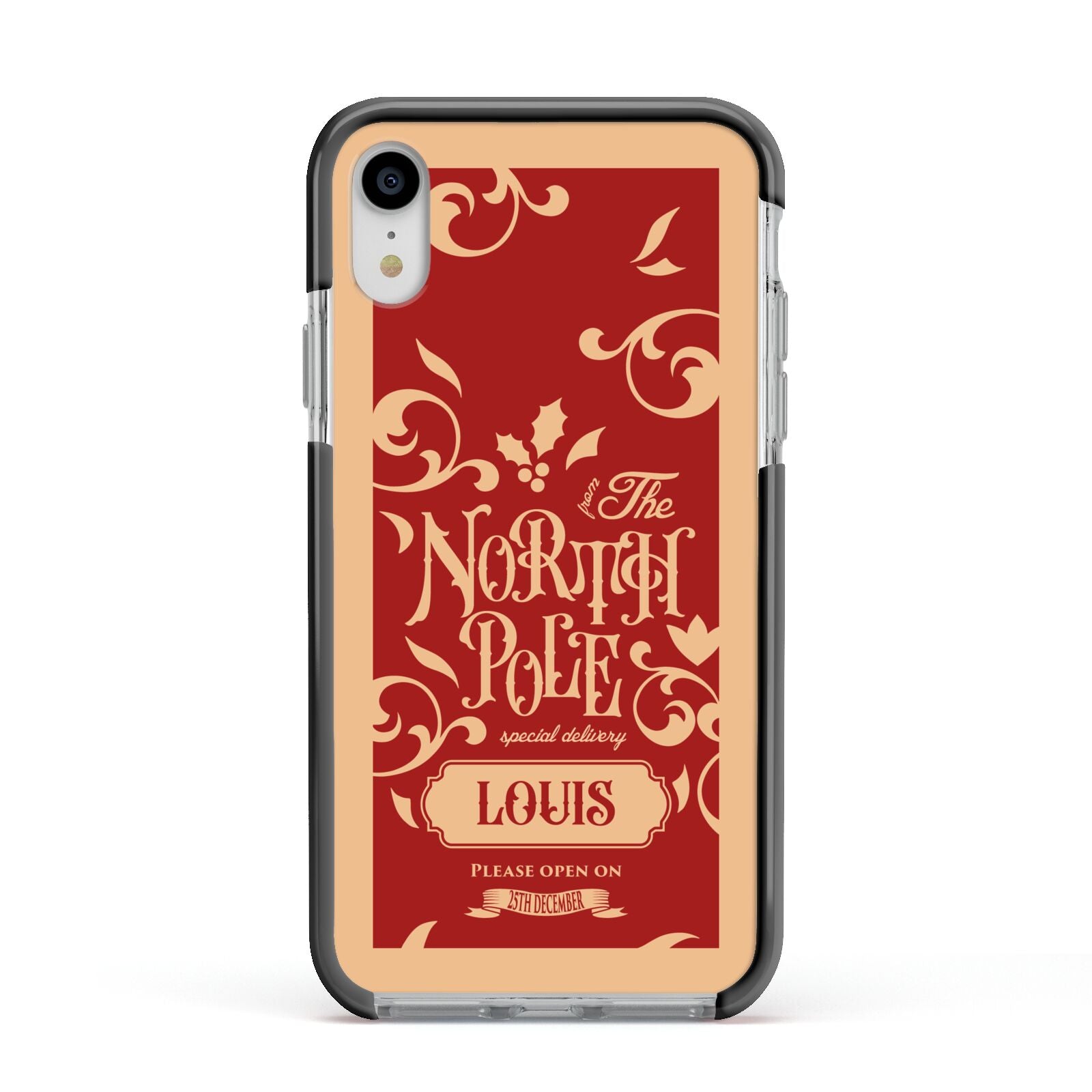 Personalised Red North Pole Apple iPhone XR Impact Case Black Edge on Silver Phone