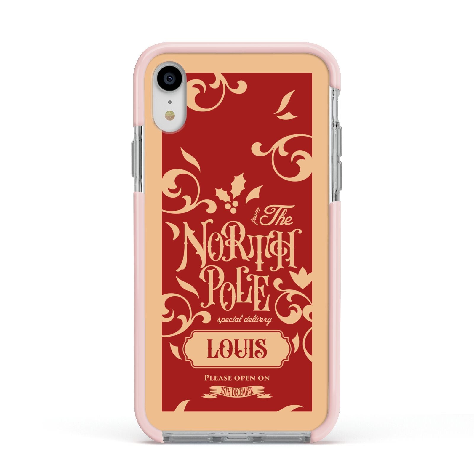 Personalised Red North Pole Apple iPhone XR Impact Case Pink Edge on Silver Phone