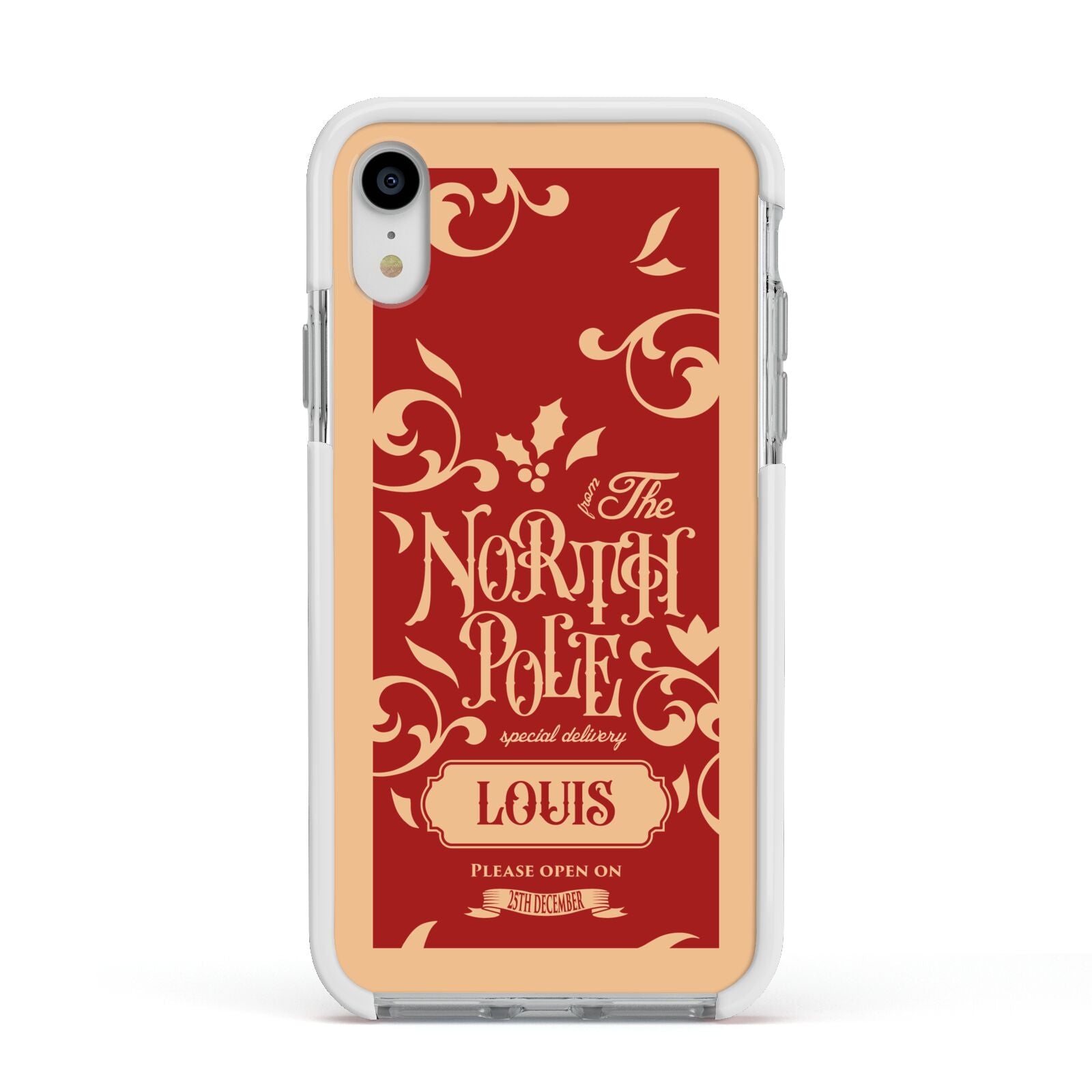 Personalised Red North Pole Apple iPhone XR Impact Case White Edge on Silver Phone