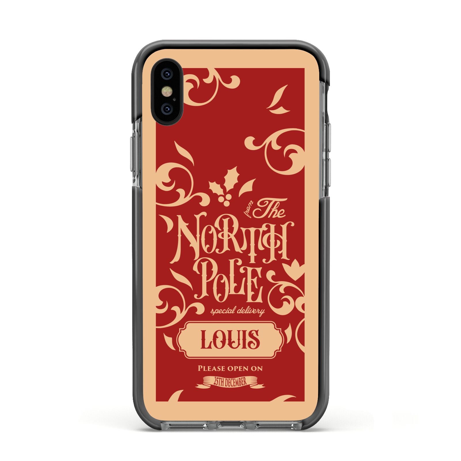 Personalised Red North Pole Apple iPhone Xs Impact Case Black Edge on Black Phone