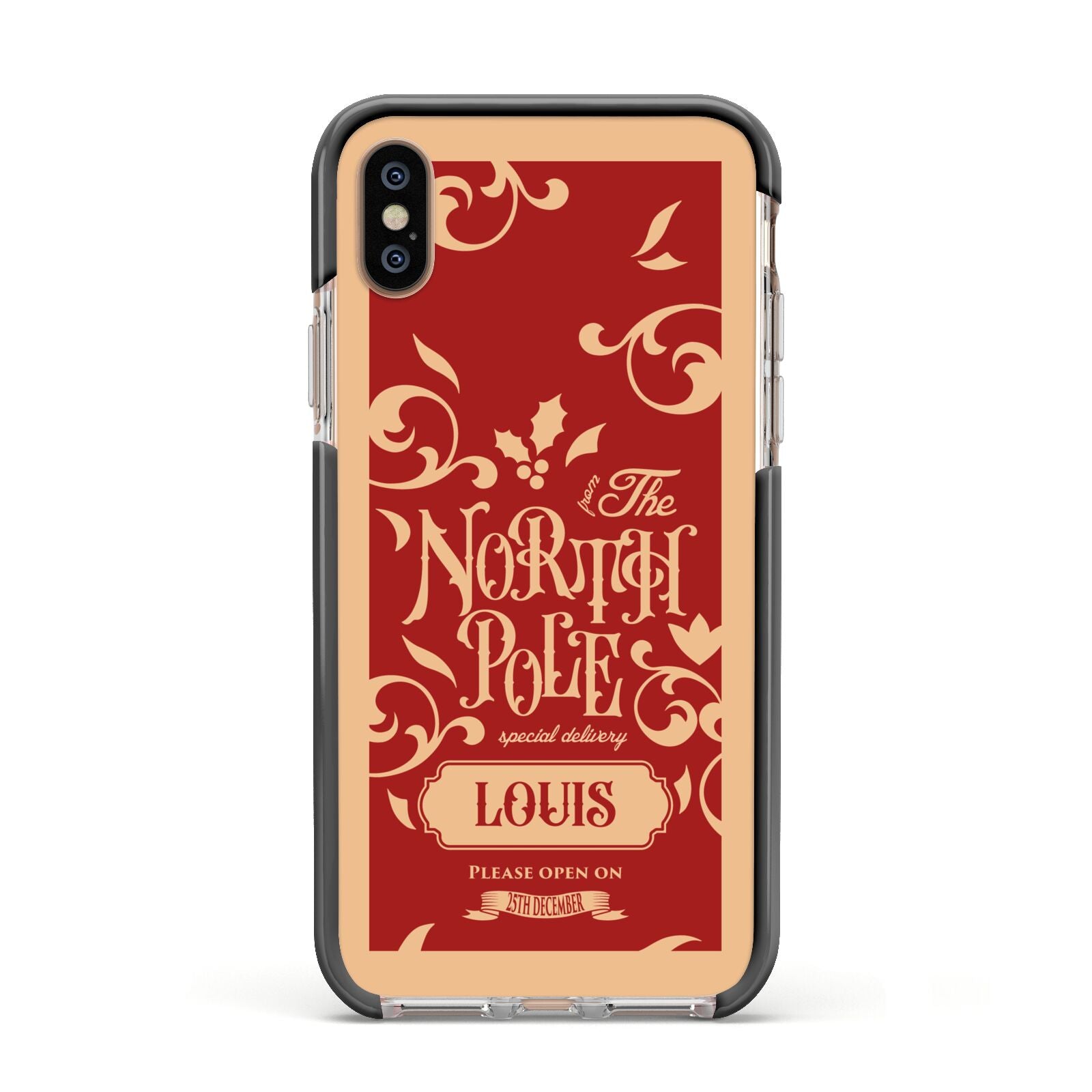 Personalised Red North Pole Apple iPhone Xs Impact Case Black Edge on Gold Phone