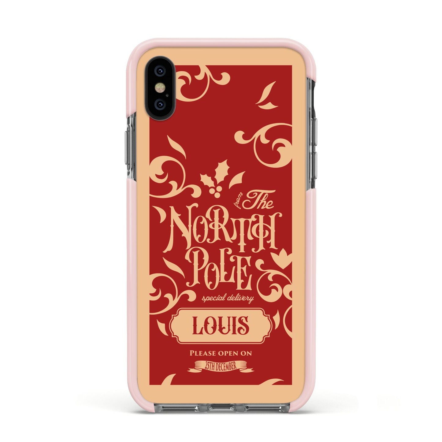 Personalised Red North Pole Apple iPhone Xs Impact Case Pink Edge on Black Phone