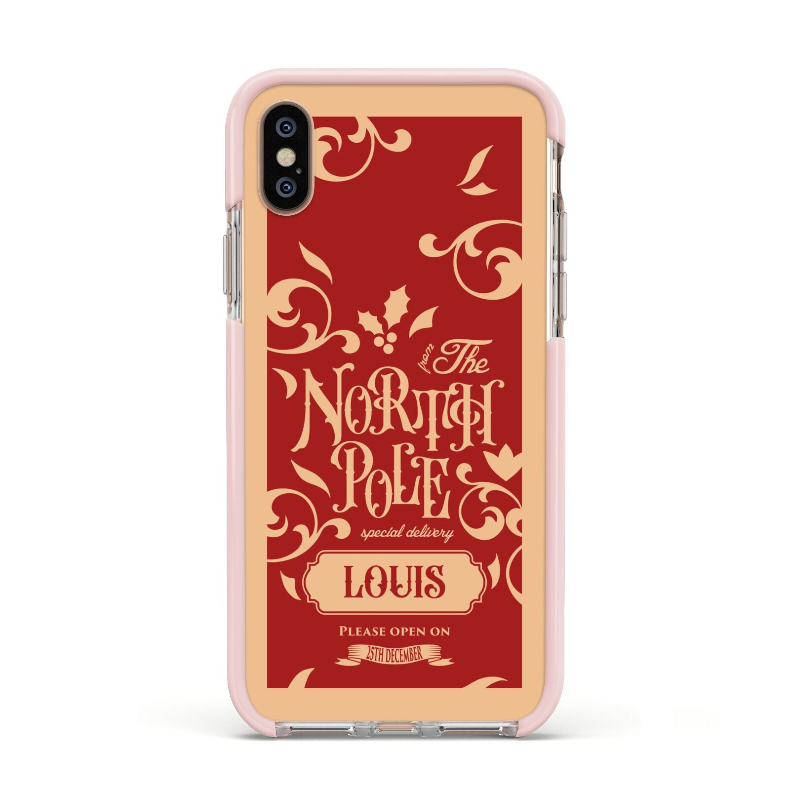 Personalised Red North Pole Apple iPhone Xs Impact Case Pink Edge on Gold Phone