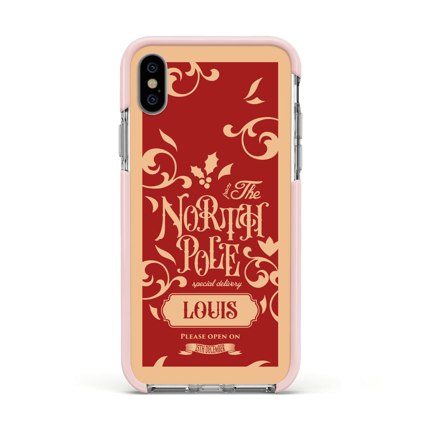 Personalised Red North Pole Apple iPhone Xs Impact Case Pink Edge on Silver Phone